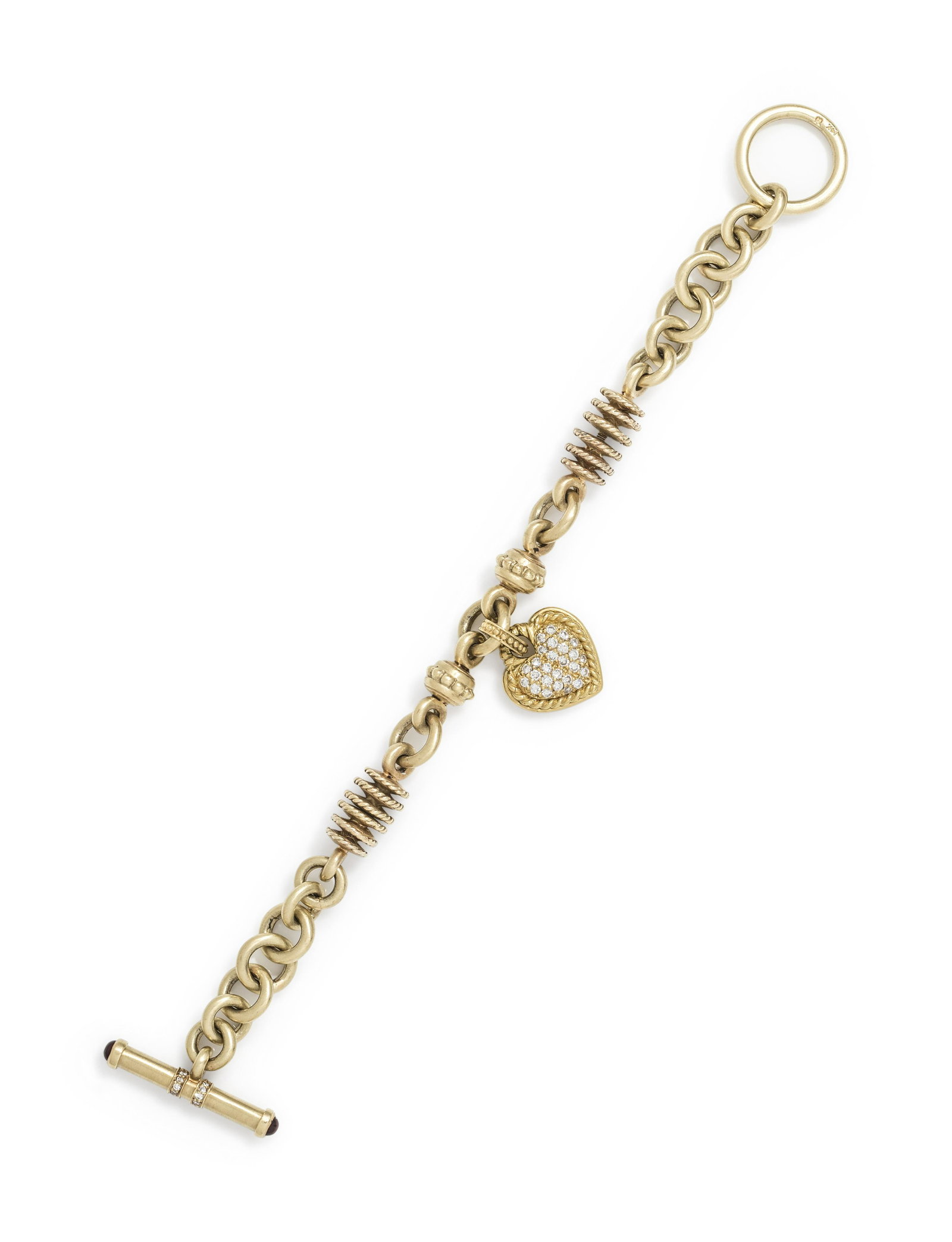 YELLOW GOLD AND DIAMOND BRACELET: YELLOW GOLD AND DIAMOND BRACELET Consisting of a fancy link bracelet with a toggle clasp with a Judith Ripka removable heart charm containing 26 round brilliant cut diamonds weighing approximately 0.5