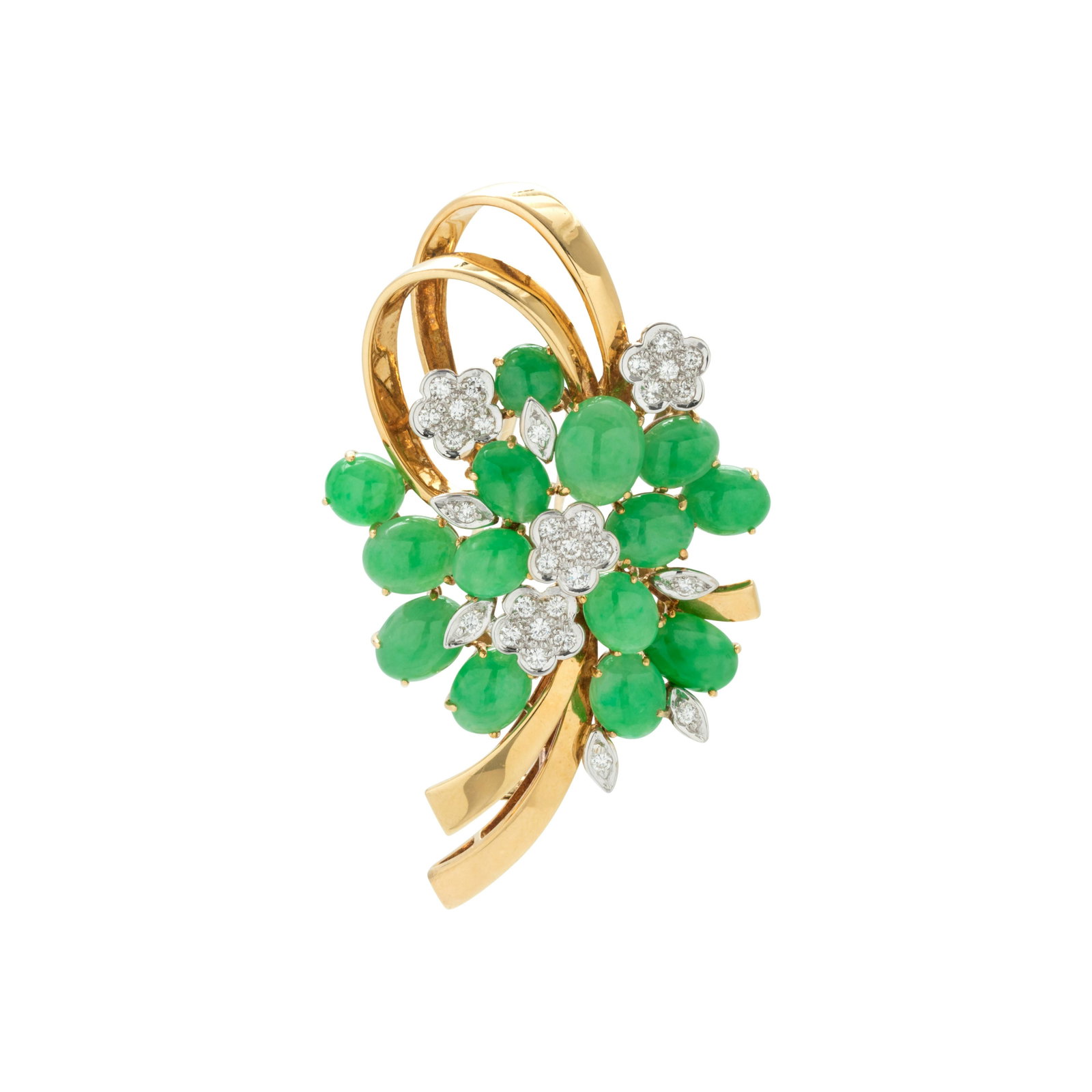 JADEITE AND DIAMOND FLOWER BOUQUET BROOCH: JADEITE AND DIAMOND FLOWER BOUQUET BROOCH Containing 14 oval cabochon jadeite and 30 round brilliant cut diamonds weighing approximately 0.30 carat total. Mounted in bicolor gold. 13.45 dwt.