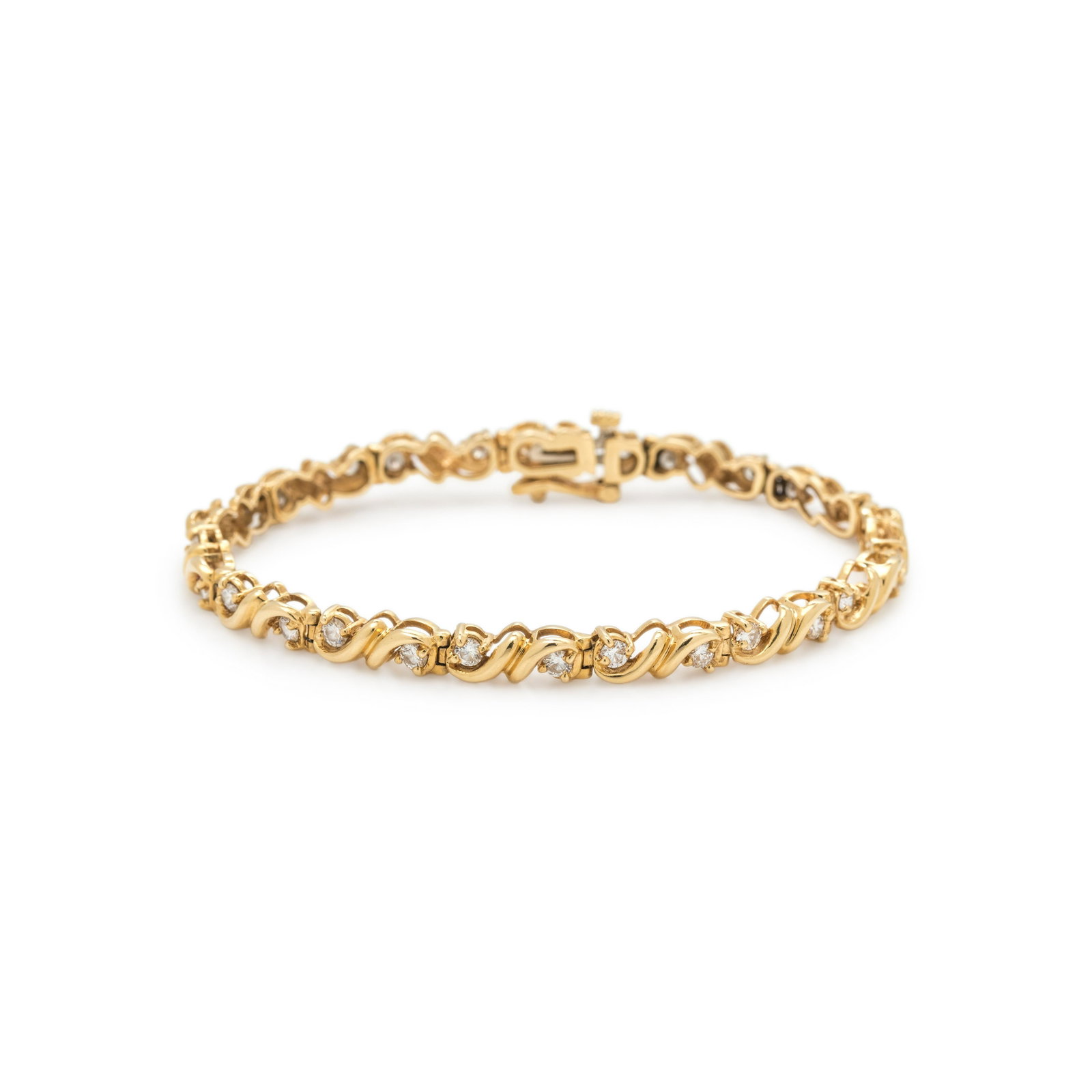 YELLOW GOLD AND DIAMOND BRACELET: YELLOW GOLD AND DIAMOND BRACELET Containing 28 round brilliant cut diamonds weighing approximately 1.65 carats total. Stamp: 18K. 10.35 dwt.