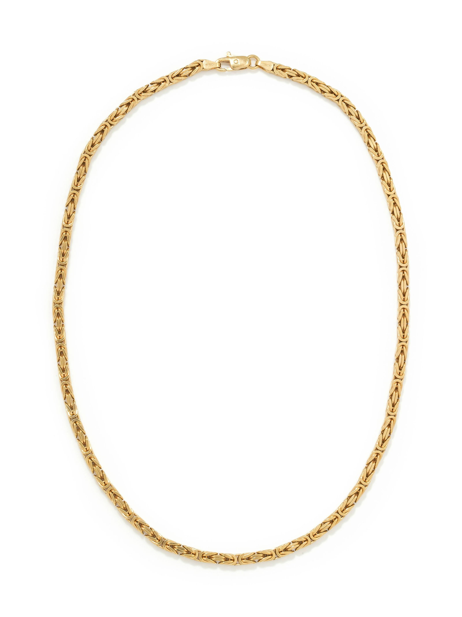 YELLOW GOLD NECKLACE: YELLOW GOLD NECKLACE Consisting of a Byzantine link chain measuring approximately 4.00 mm wide. Stamp: orossimo 5176 585. 36.60 dwt.