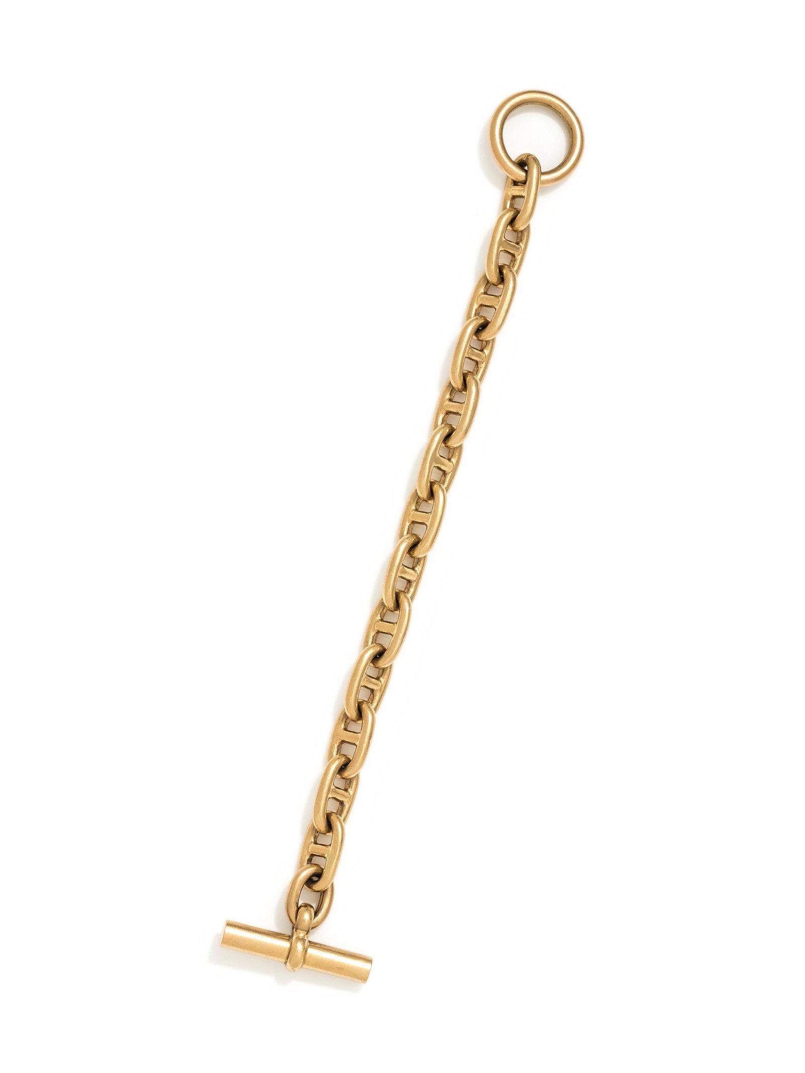 YELLOW GOLD BRACELET: YELLOW GOLD BRACELET Consisting of an anchor link chain measuring approximately 11.10 mm wide, with toggle clasp. Stamp: (maker's mark for Fisher & Co.) 14K. 46.05 dwt.