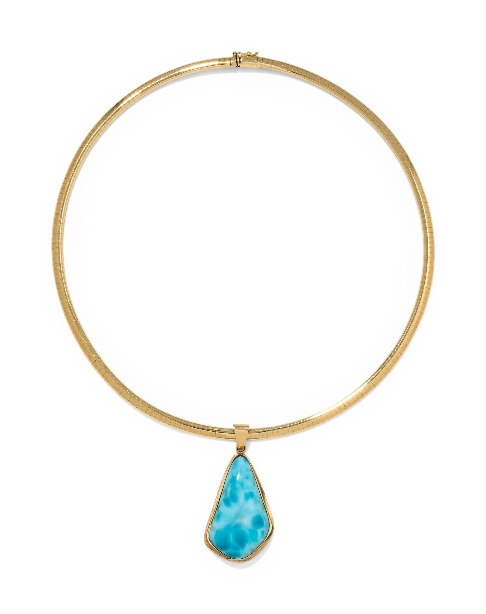 YELLOW GOLD AND LARIMAR PENDANT/NECKLACE: YELLOW GOLD AND LARIMAR PENDANT/NECKLACE Consisting of a pendant containing one freeform larimar measuring approximately 36.00 x 22.00 mm, suspended from an omega chain measuring approximately 4.10 mm