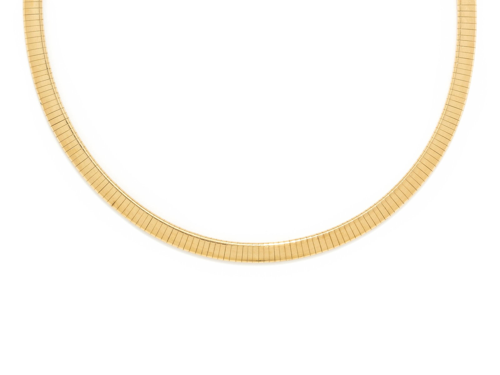 YELLOW GOLD NECKLACE: YELLOW GOLD NECKLACE Consisting of an omega chain measuring approximately 6.00 mm wide. Stamp: ITALY 14Kt. 24.25 dwt.