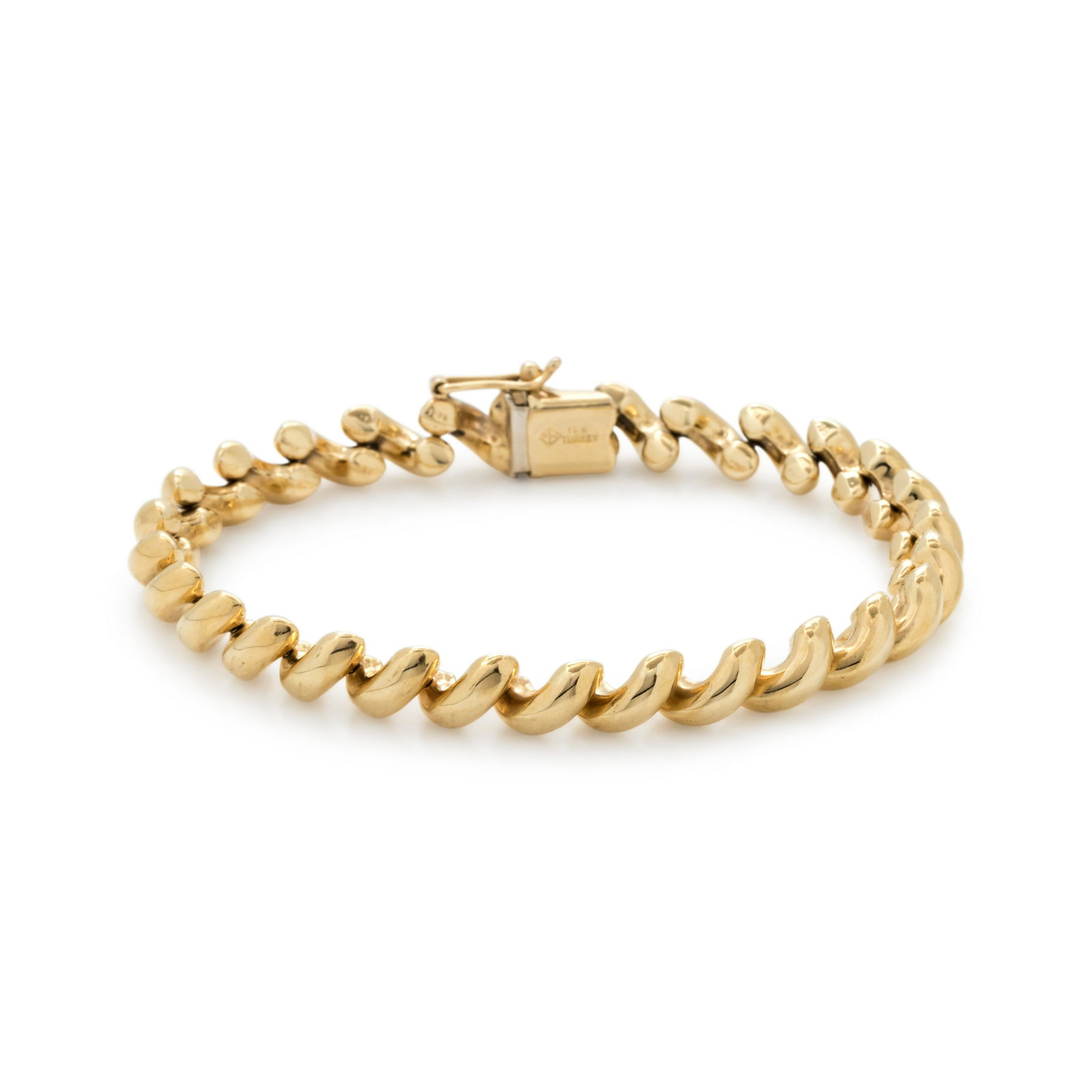 YELLOW GOLD BRACELET: YELLOW GOLD BRACELET Consisting of San Marco link chain measuring approximately 6.50 mm wide. Stamp: (maker's mark) 14 K TURKEY. 8.25 dwt.