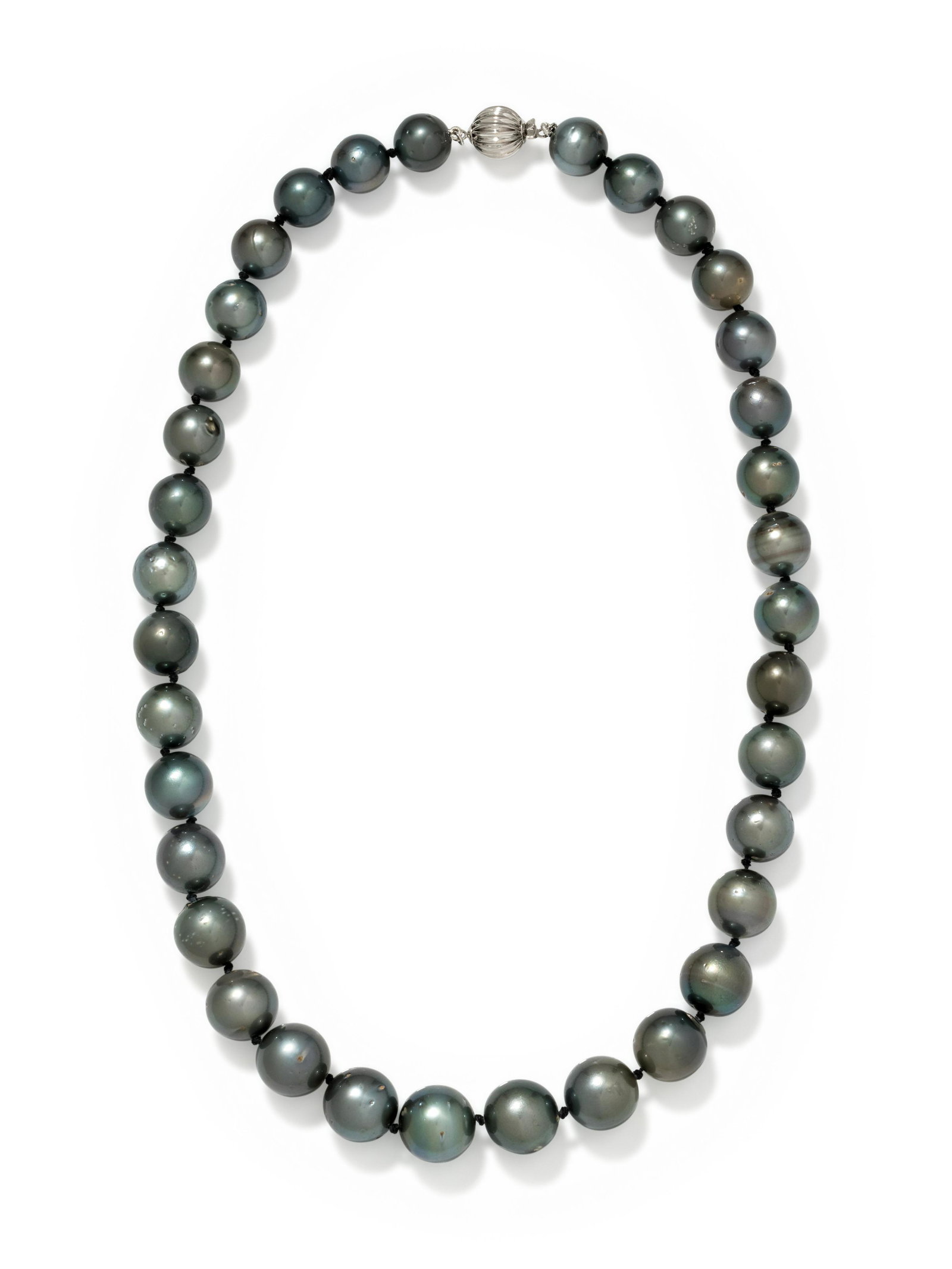 CULTURED TAHITIAN PEARL NECKLACE: CULTURED TAHITIAN PEARL NECKLACE Containing 35 pearls measuring approximately 11.00-13.85 mm in diameter strung knotted in a graduated style with white gold clasp. Stamp: Au585. 58.30 dwt.