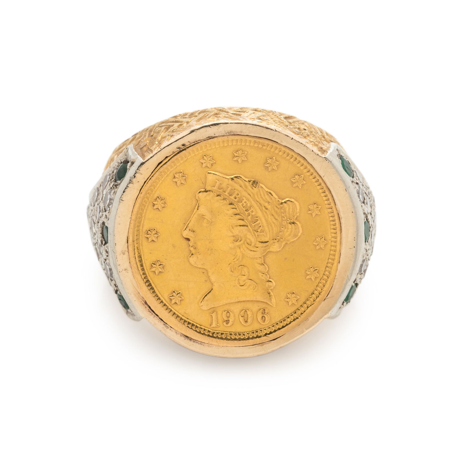 BICOLOR GOLD, US $2.50 LIBERTY COIN, DIAMOND AND: BICOLOR GOLD, US $2.50 LIBERTY COIN, DIAMOND AND EMERALD RING Containing one US $2.50 Liberty Coin, dated 1906, 25 single cut diamonds and six round mixed cut emeralds. 18.50 dwt.