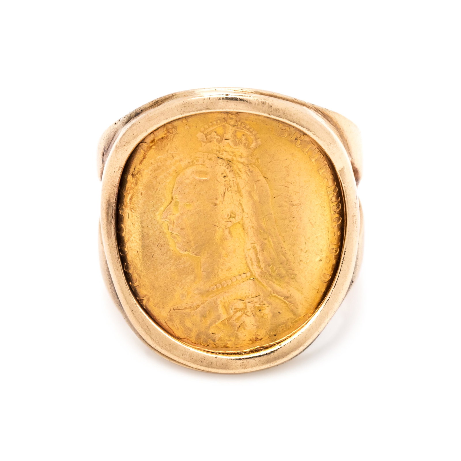 YELLOW GOLD AND BRITISH SOVEREIGN JUBILEE COIN RING: YELLOW GOLD AND BRITISH SOVEREIGN JUBILEE COIN RING Containing one British Sovereign Jubilee coin, dated 1891. Stamp: (maker's mark) 14K. 10.15 dwt.