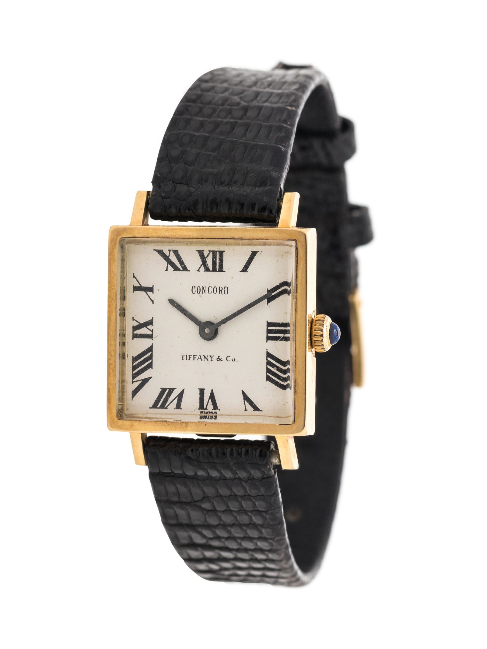 CONCORD, TIFFANY & CO., 14K YELLOW GOLD WRISTWATCH: CONCORD, TIFFANY & CO., 14K YELLOW GOLD WRISTWATCH 21.00 x 21.00 mm case dimensions, white dial, Roman numerals, manual wind 17 jewel movement signed CONCORD WATCH CO., black leather strap, gold buckl