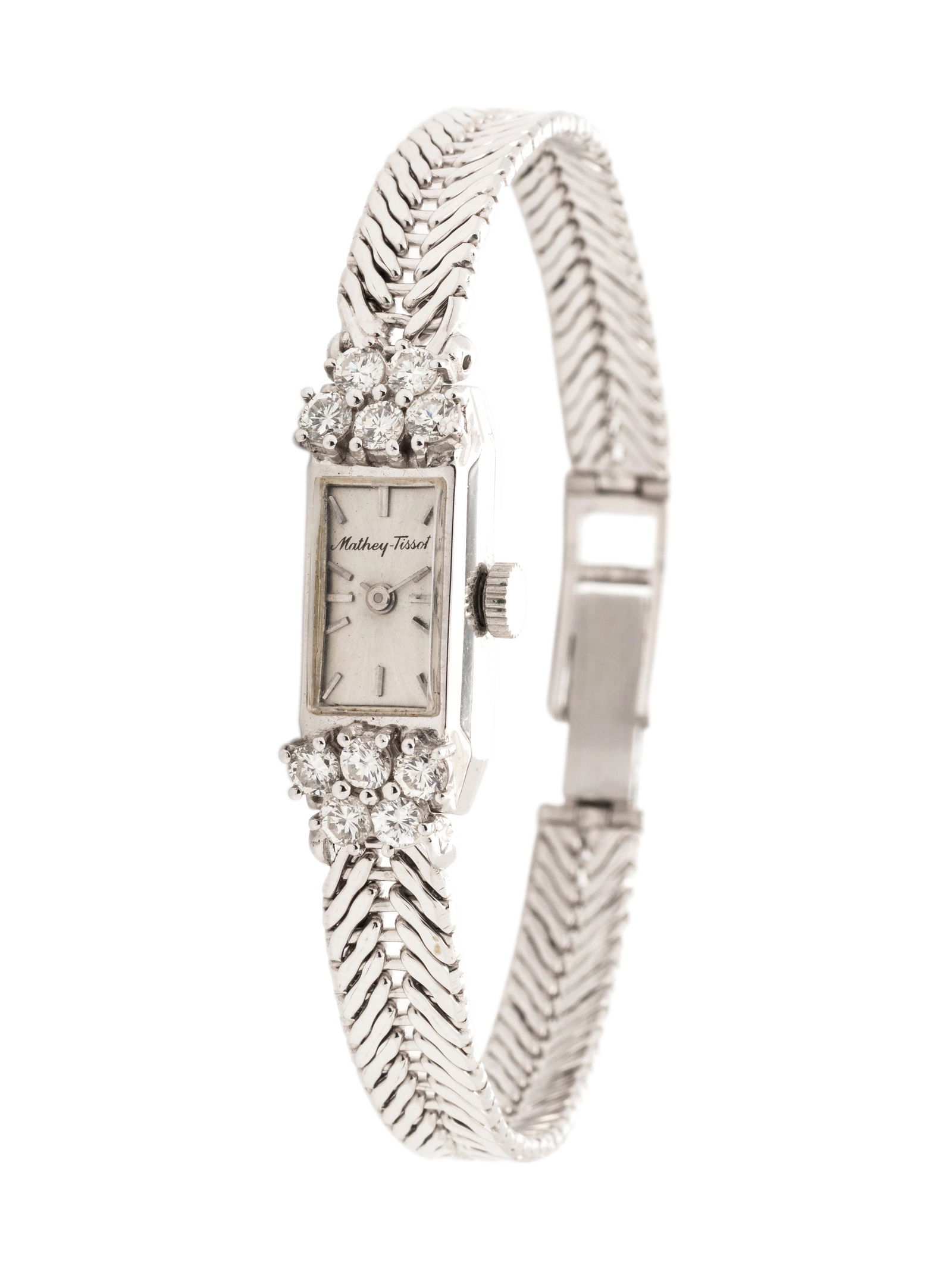 MATHEY-TISSOT, 14K WHITE GOLD AND DIAMOND WRISTWATCH: MATHEY-TISSOT, 14K WHITE GOLD AND DIAMOND WRISTWATCH The lugs containing 10 round brilliant cut diamonds weighing approximately 0.80 carat total, 23.00 x 10.00 mm case dimensions, matte silvered dial,