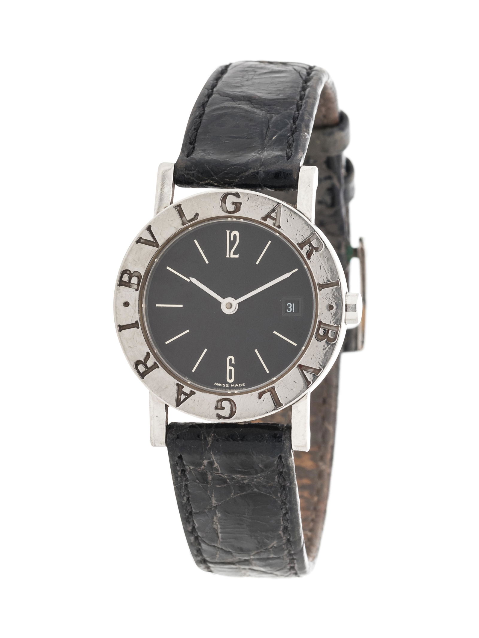 BVLGARI, STEEL 'BVLGARI-BVLGARI' WRISTWATCH: BVLGARI, STEEL 'BVLGARI-BVLGARI' WRISTWATCH 26.00 mm case diameter, black dial, steel baton and Arabic numerals, date aperture at 3 o'clock, bezel signed BVLGARI, quartz movement, black leather strap,