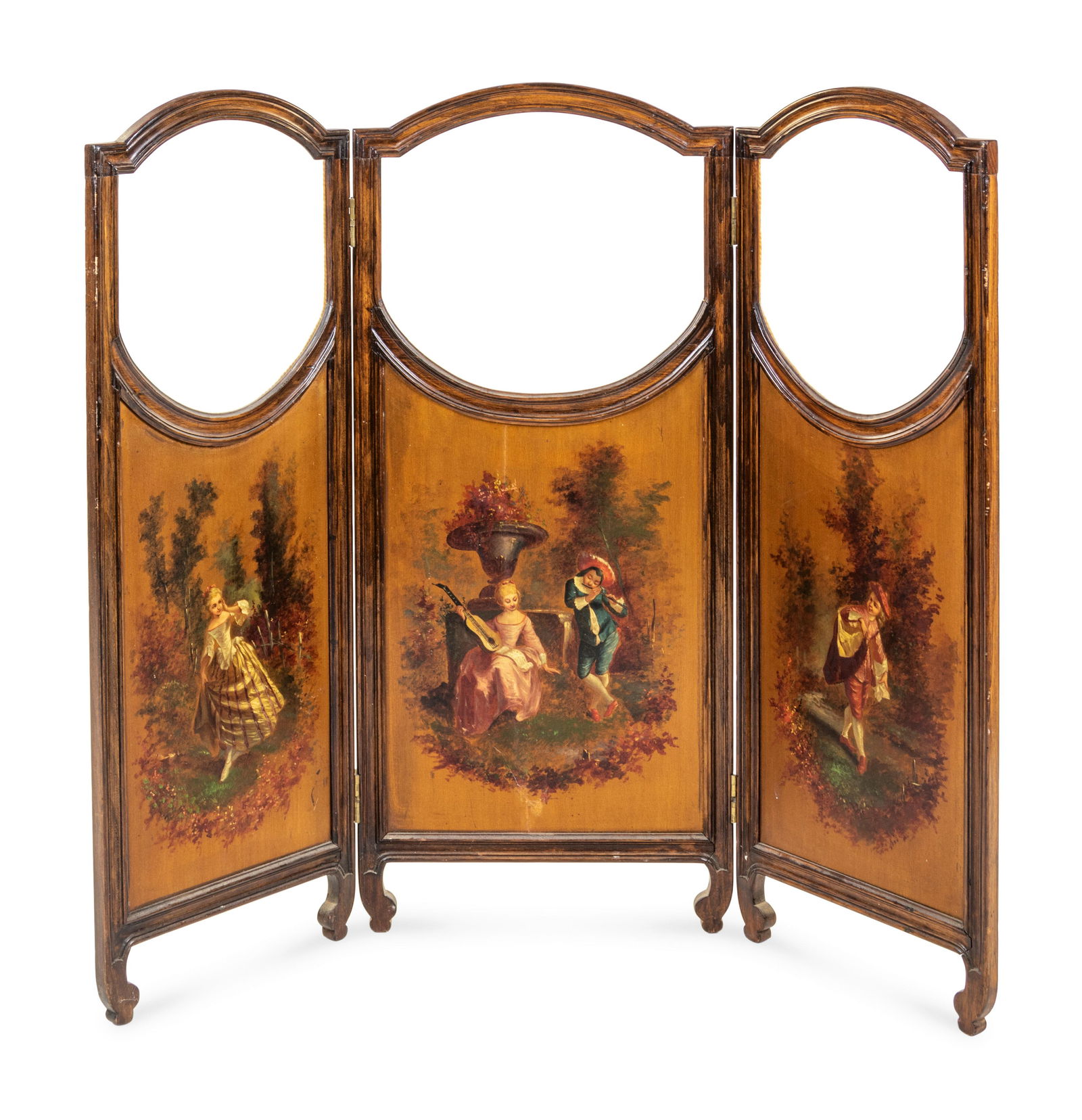 A French Painted and Glass Inset Mahogany Three-Panel (1 of 2)