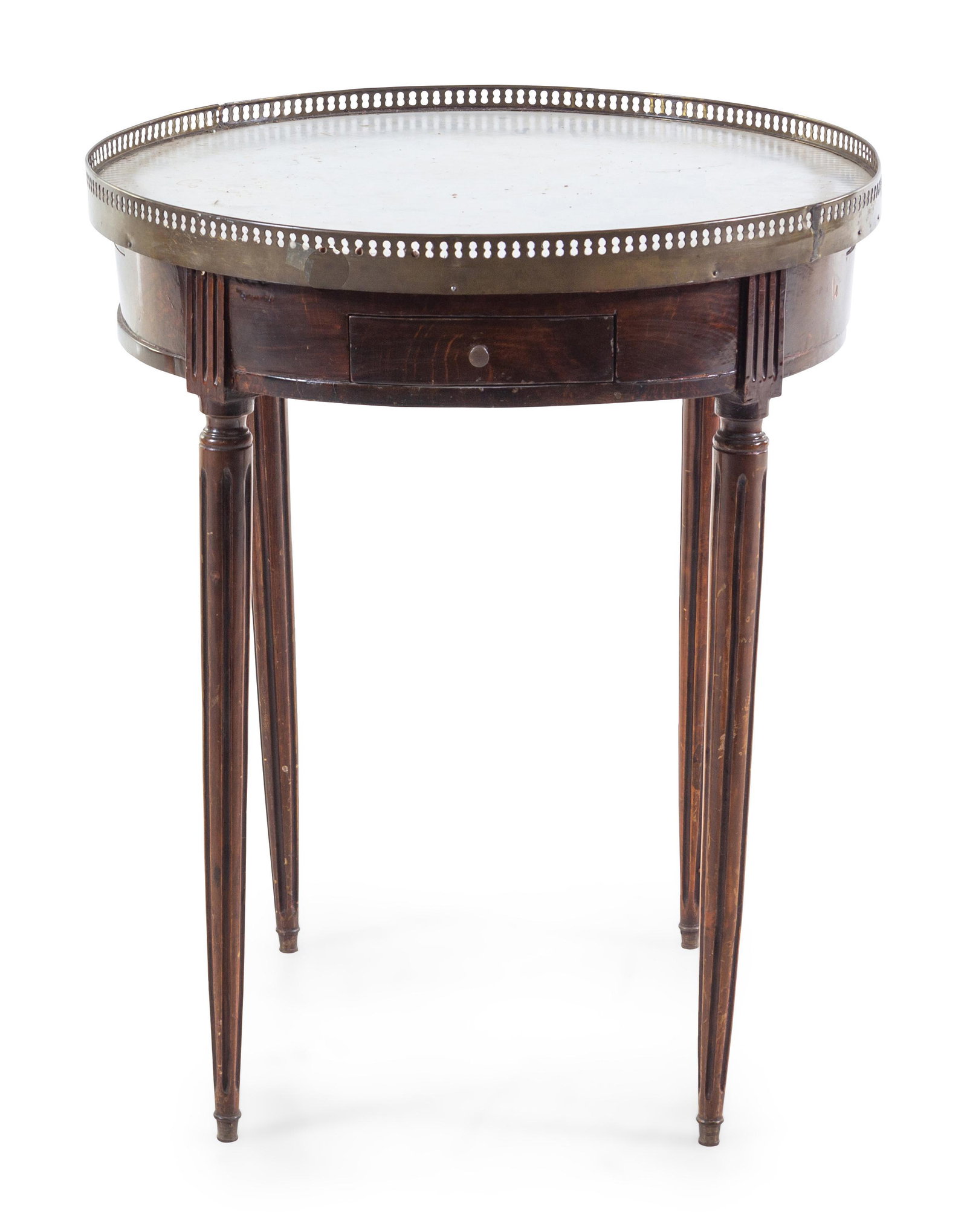 A Louis XVI Style Marble-Inset Bouillotte Table: A Louis XVI Style Marble-Inset Bouillotte Table Late 19th/Early 20th Century with a galleried marble-inset top. Height 29 3/4 x diameter of top 24 3/4 inches. Property from Christa's Ltd., Chicago, Il