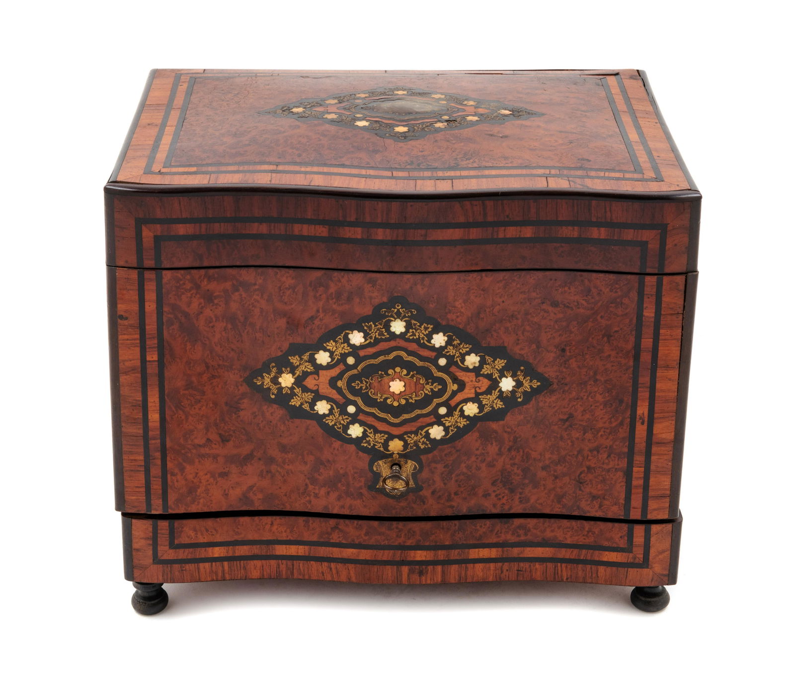 A Continental Brass and Mother-of-Pearl Inlaid Burlwood (1 of 2)