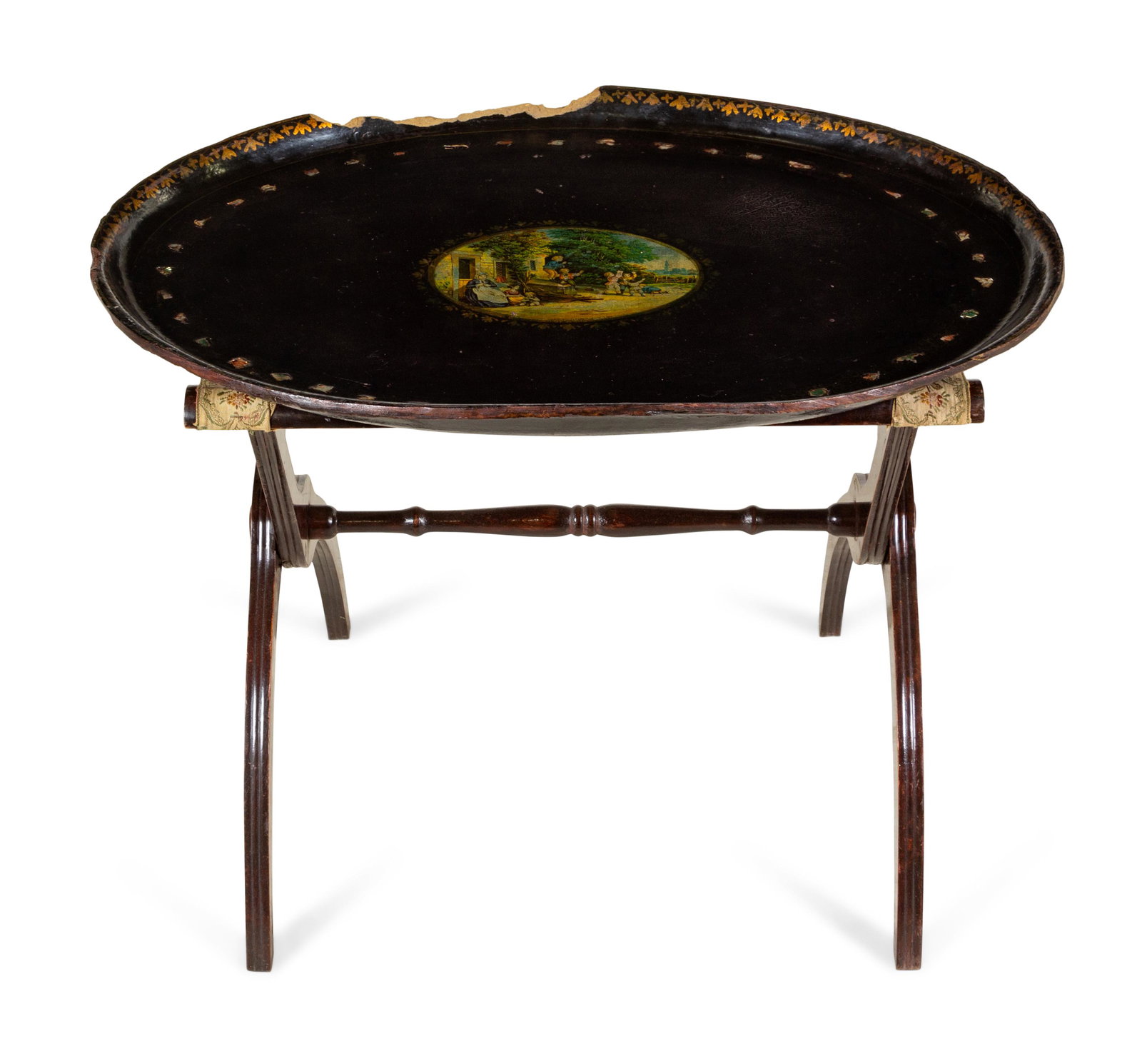 A Victorian Papier-MÃ¢che Tray and an Associated: A Victorian Papier-MÃ¢che Tray and an Associated Luggage Rack Stand Late 19th Century Width of tray 29 inches. Property from Christa's Ltd., Chicago, Illinois
