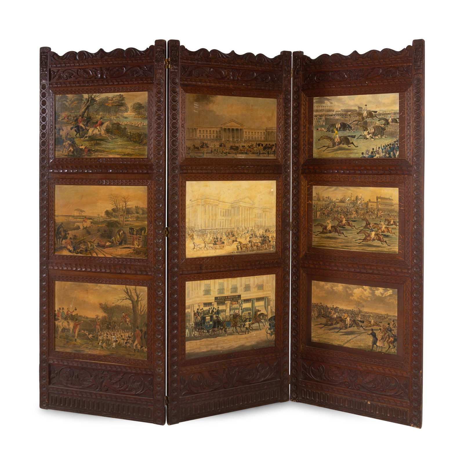 A Lithograph-Inset Carved Oak Three-Panel Floor Screen (1 of 1)