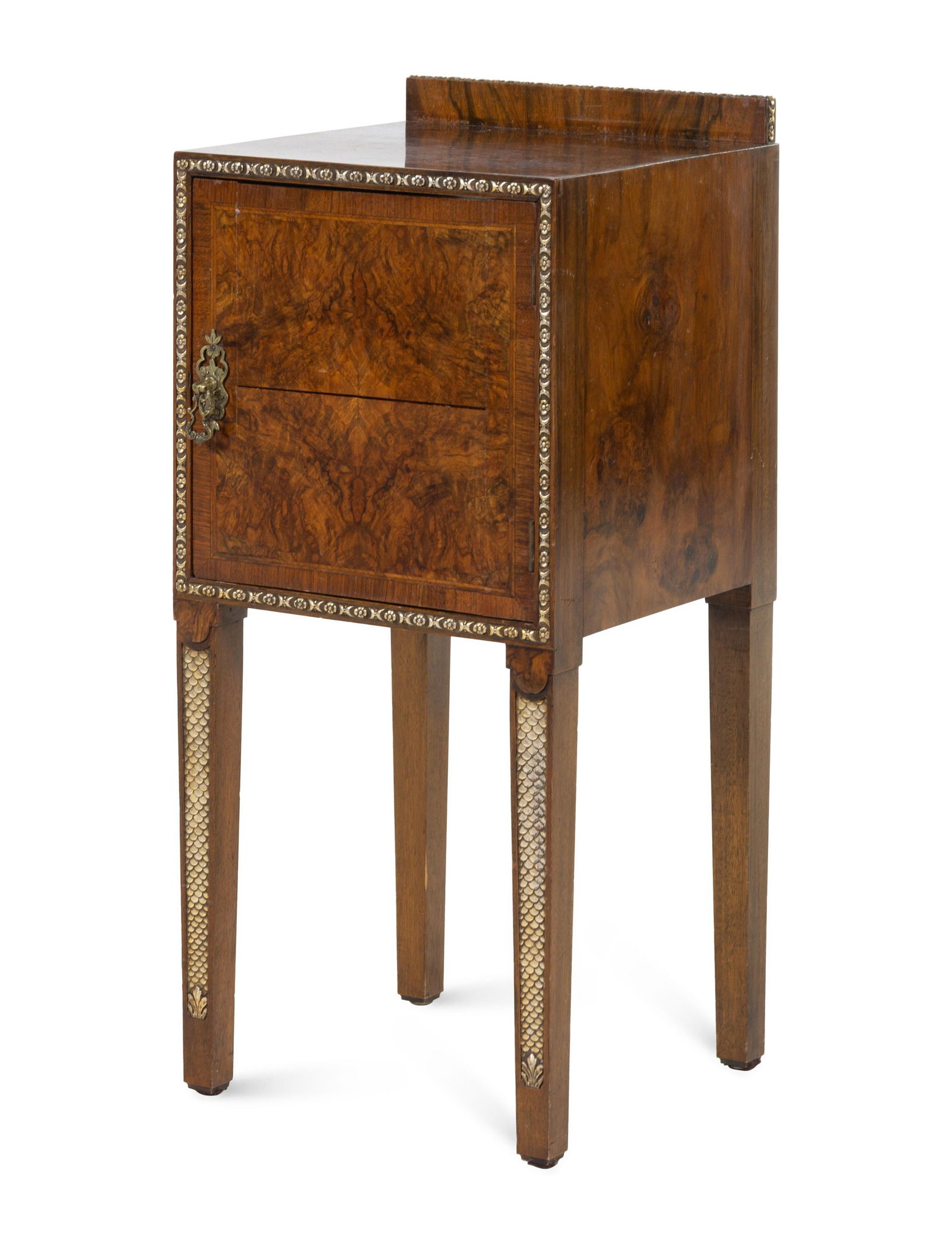 An Art Deco Silvered Metal Mounted Burlwood Nightstand (1 of 2)