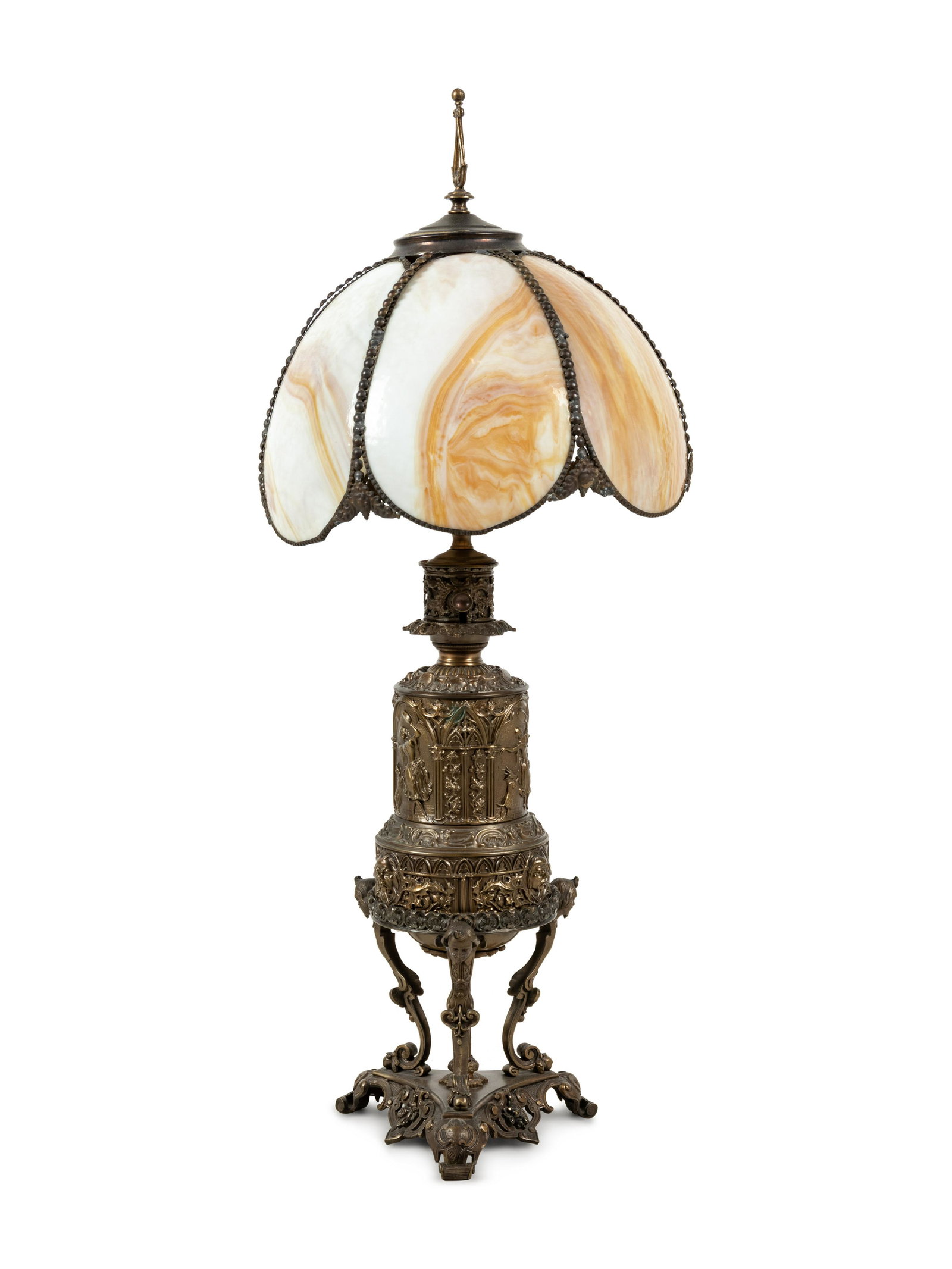 An American Renaissance Revival Slag Glass and Cast: An American Renaissance Revival Slag Glass and Cast Metal Lamp Early 20th Century Height 32 inches.