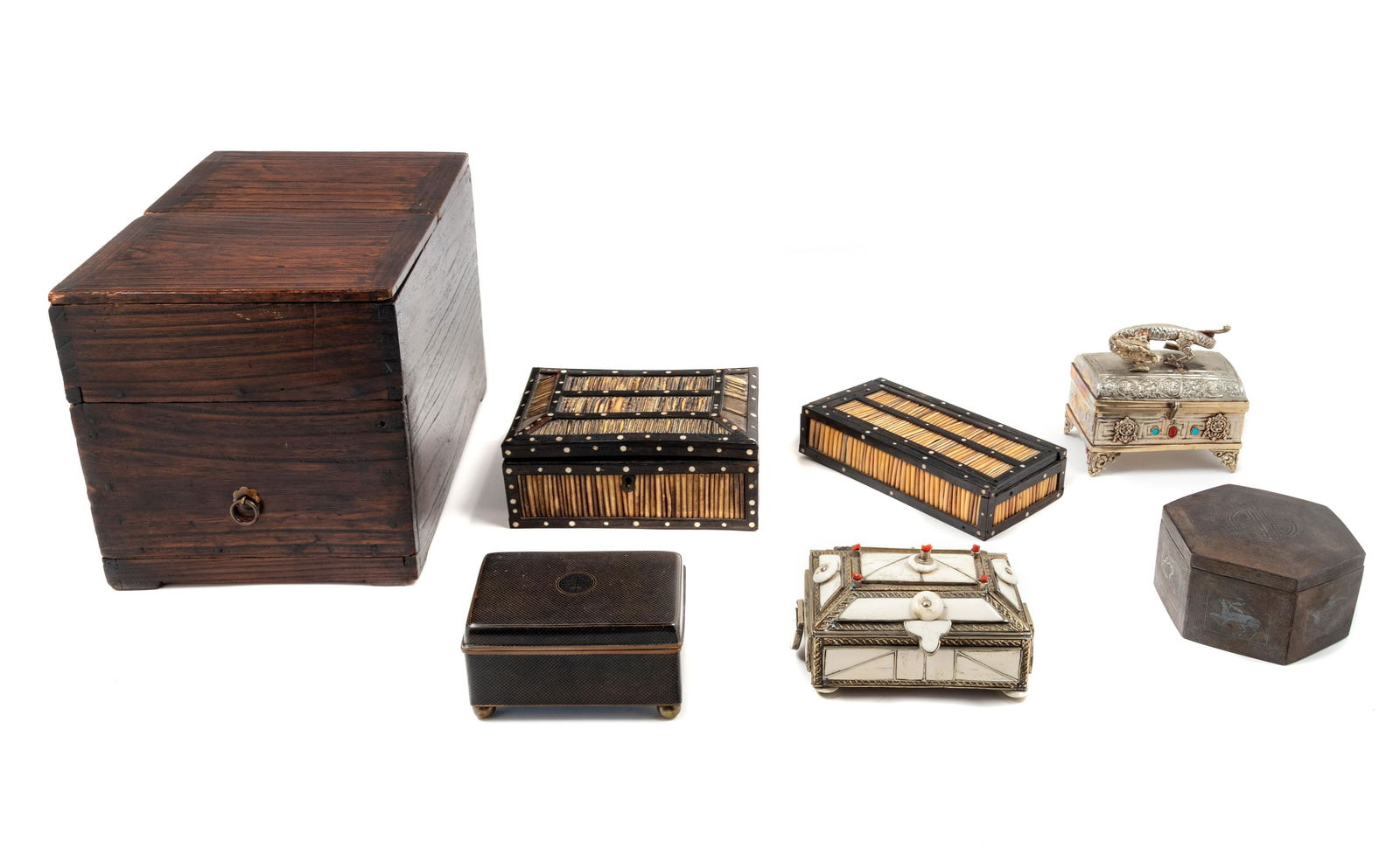 A Group of Seven Boxes : A Group of Seven Boxes Primarily Late 19th Century comprising a pair of porcupine quill and ebony boxes; four metal boxes comprising a small cloisonne box; a small Chinese hexagonal box; a Chinese t