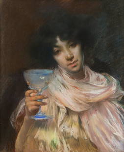 Albert Besnard (French, 1849-1934) Woman with a Goblet: Albert Besnard (French, 1849-1934) Woman with a Goblet pastel on paper signed Besnard (lower right) 22 3/4 x 18 3/4 inches.