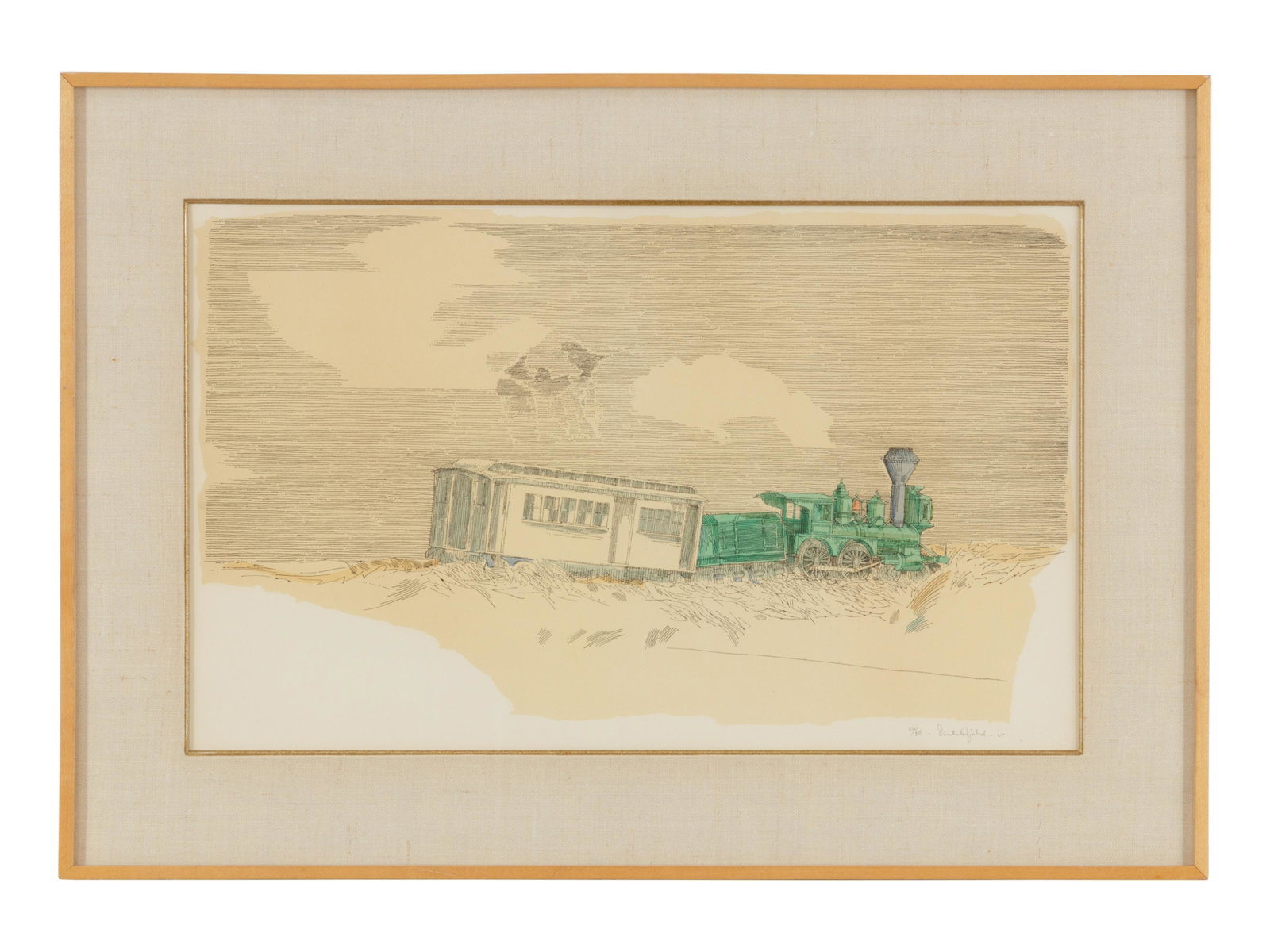 William Crutchfield Narrow Gauge Train, 1967: William Crutchfield Narrow Gauge Train, 1967 lithograph with watercolor signed, dated and numbered 50/50 in pencil 10 1/2 x 19 inches. Property from a Corporate Art Collection