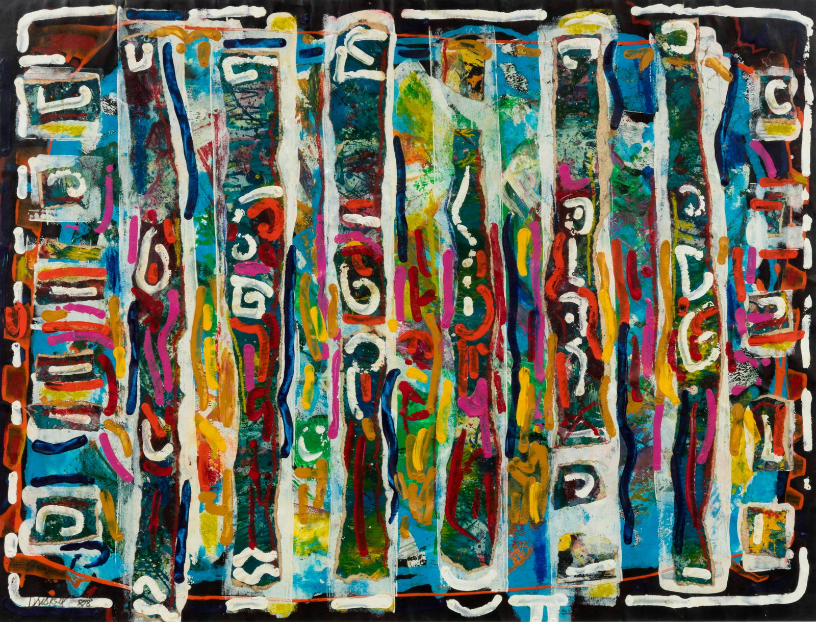 David Driskell (American, 1931-2020): David Driskell (American, 1931-2020) Foreign Post 1988 encaustic collage signed 18 1/2 x 24 1/2 inches. Hobe Sound Galleries North, Portland, Maine Property from a Private Collection, North Conway, Ne