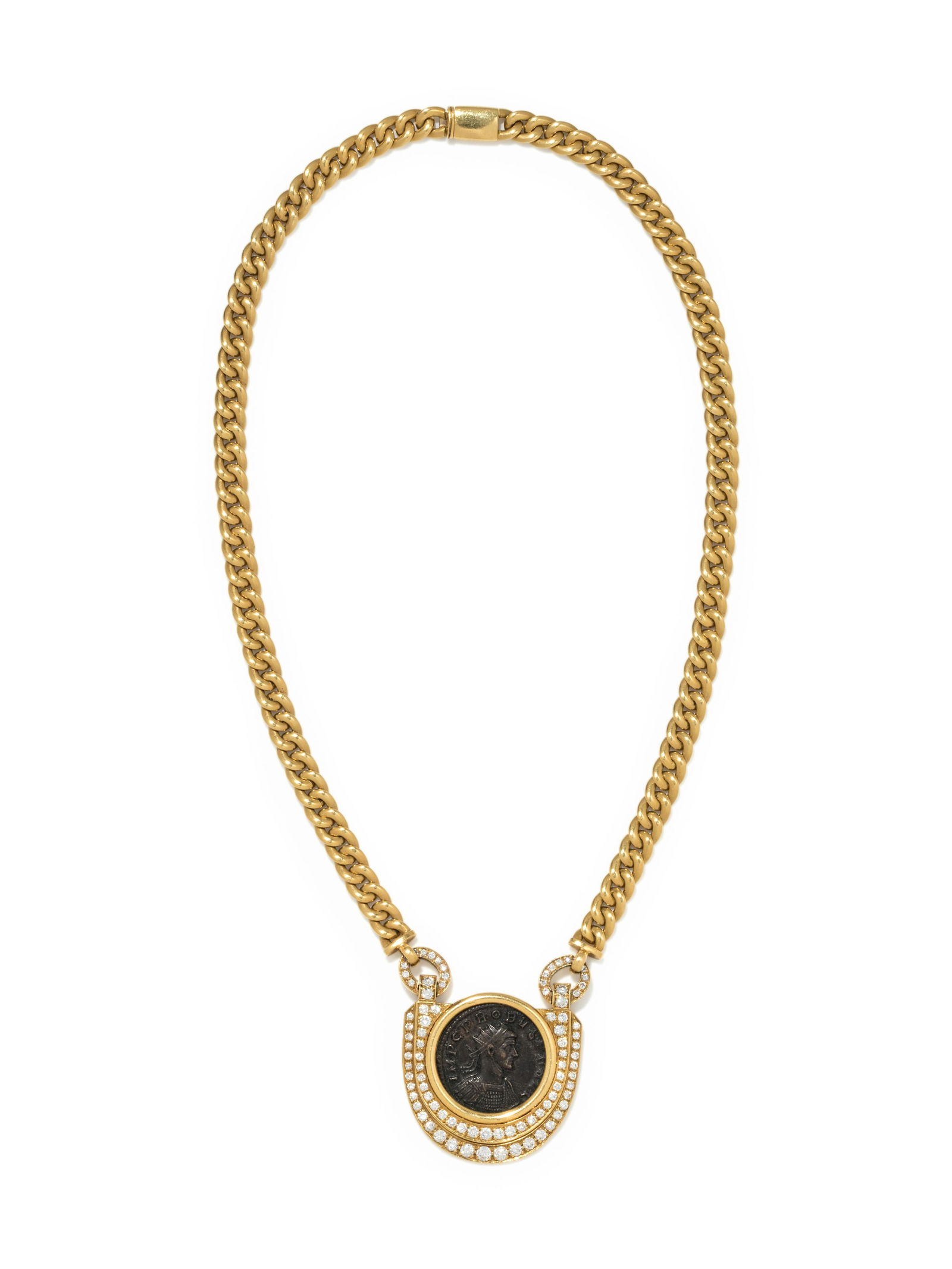 CHIMENTO, YELLOW GOLD, ANCIENT ROMAN COIN AND DIAMOND: CHIMENTO, YELLOW GOLD, ANCIENT ROMAN COIN AND DIAMOND NECKLACE Containing one ancient Roman coin and 88 round brilliant cut diamonds weighing approximately 1.30 carats total, suspended from a curb lin
