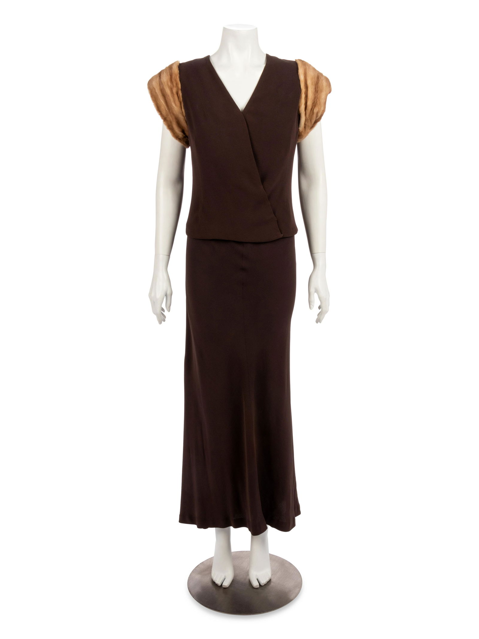 Sady Weiss Dress and Jacket, 1920-30s: Sady Weiss Dress and Jacket, 1920-30s Brown wool crepe bias cut cropped jacket with light brown mink fur wrap sleeves and asymmetrical front closure; paired with matching cream silk satin and brown wo
