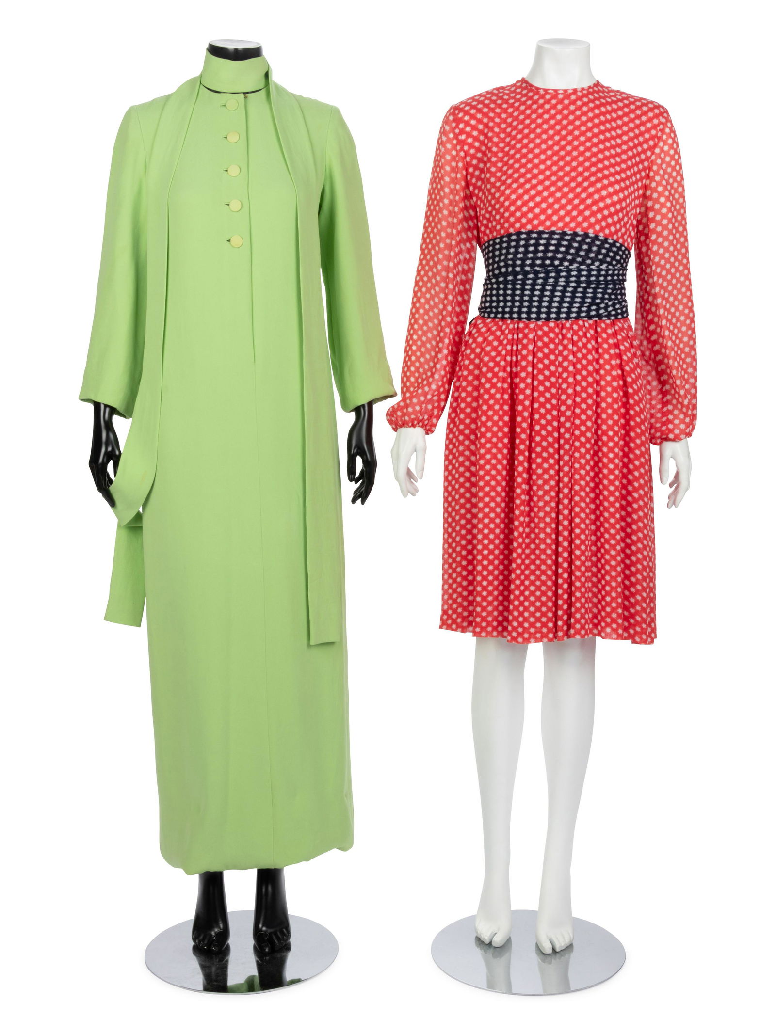 Two Vintage Dresses; One Bill Blass, One Norman Norell,: Two Vintage Dresses; One Bill Blass, One Norman Norell, 1960-80s This lot includes two dresses.† THE FIRST Red and blue crepe with white flower print day dress with full gathered sleeves, wrappe