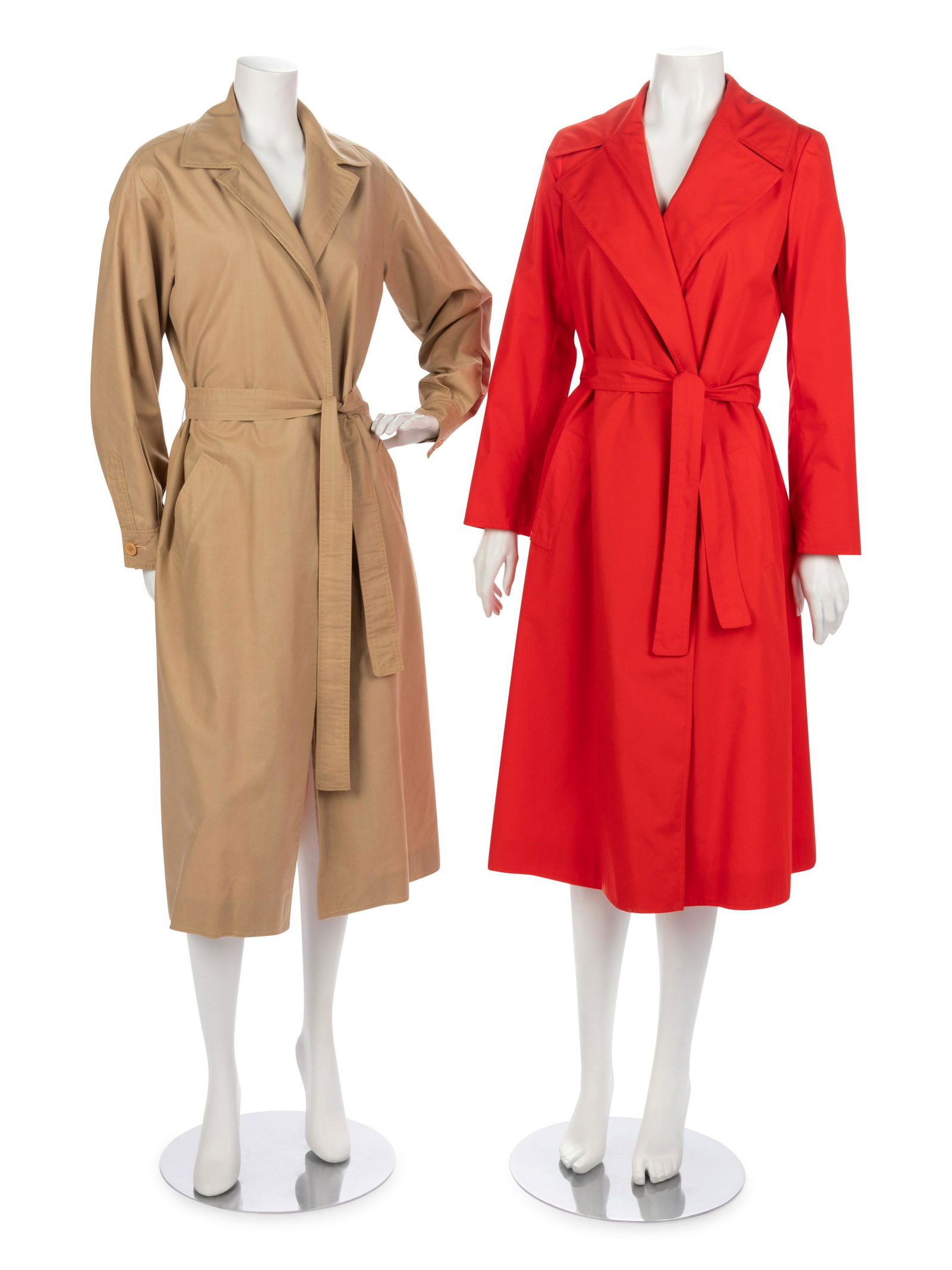 Four Halston Long Jackets, 1970-1980s: Four Halston Long Jackets, 1970-1980s This lot includes four long jackets.† THE FIRST Tomato red trench coat wide lapels and attached tie waist belt.† Label: Halston Three Approximate Meas