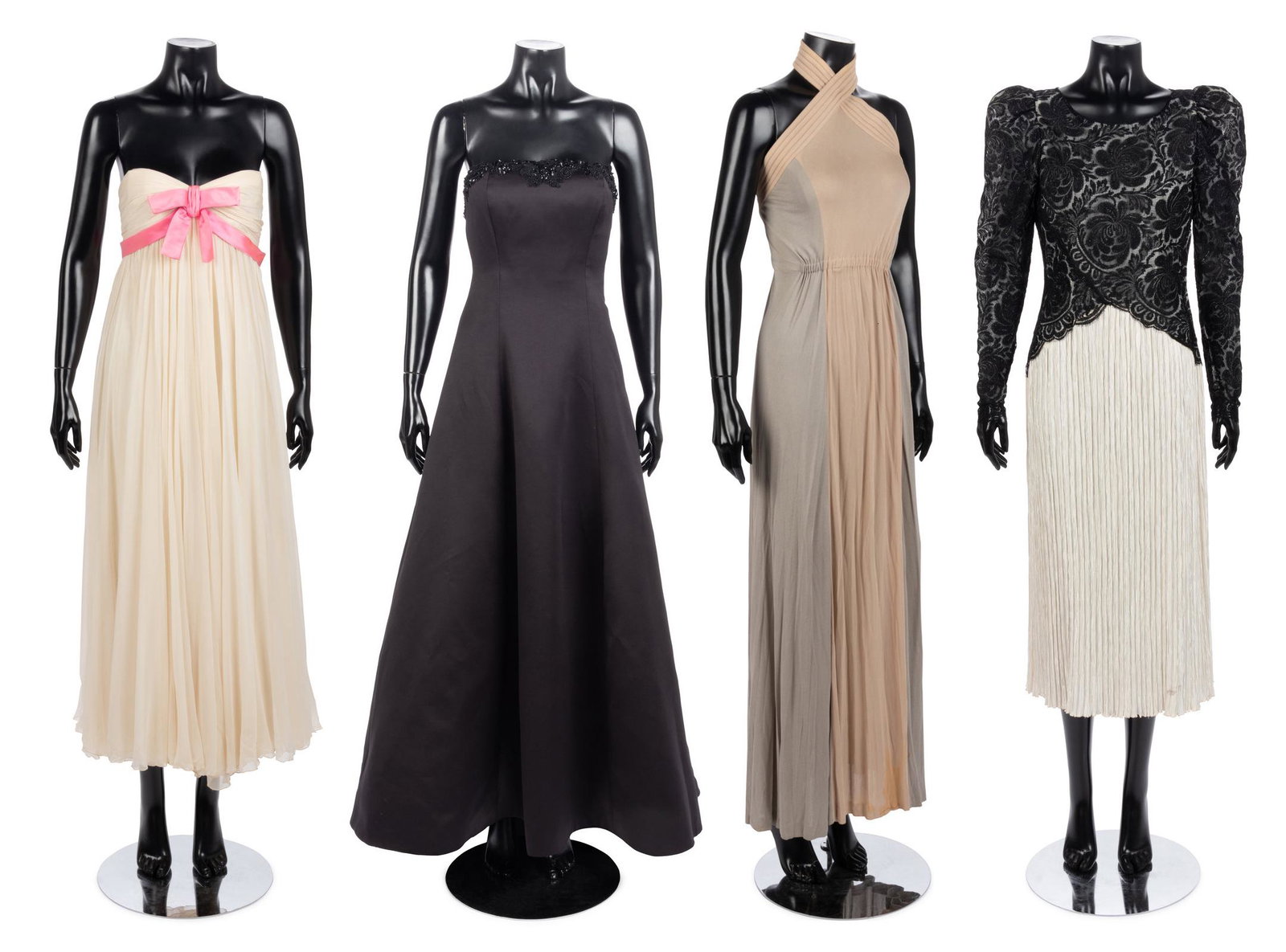 Four Vintage Designer Evening Dresses; One Galanos, One: Four Vintage Designer Evening Dresses; One Galanos, One McFadden, One Sarmi, One Sam Carlin, 1970-90s This lot includes four dresses.† THE FIRST Beige and gray wool jersey halter dress with quil