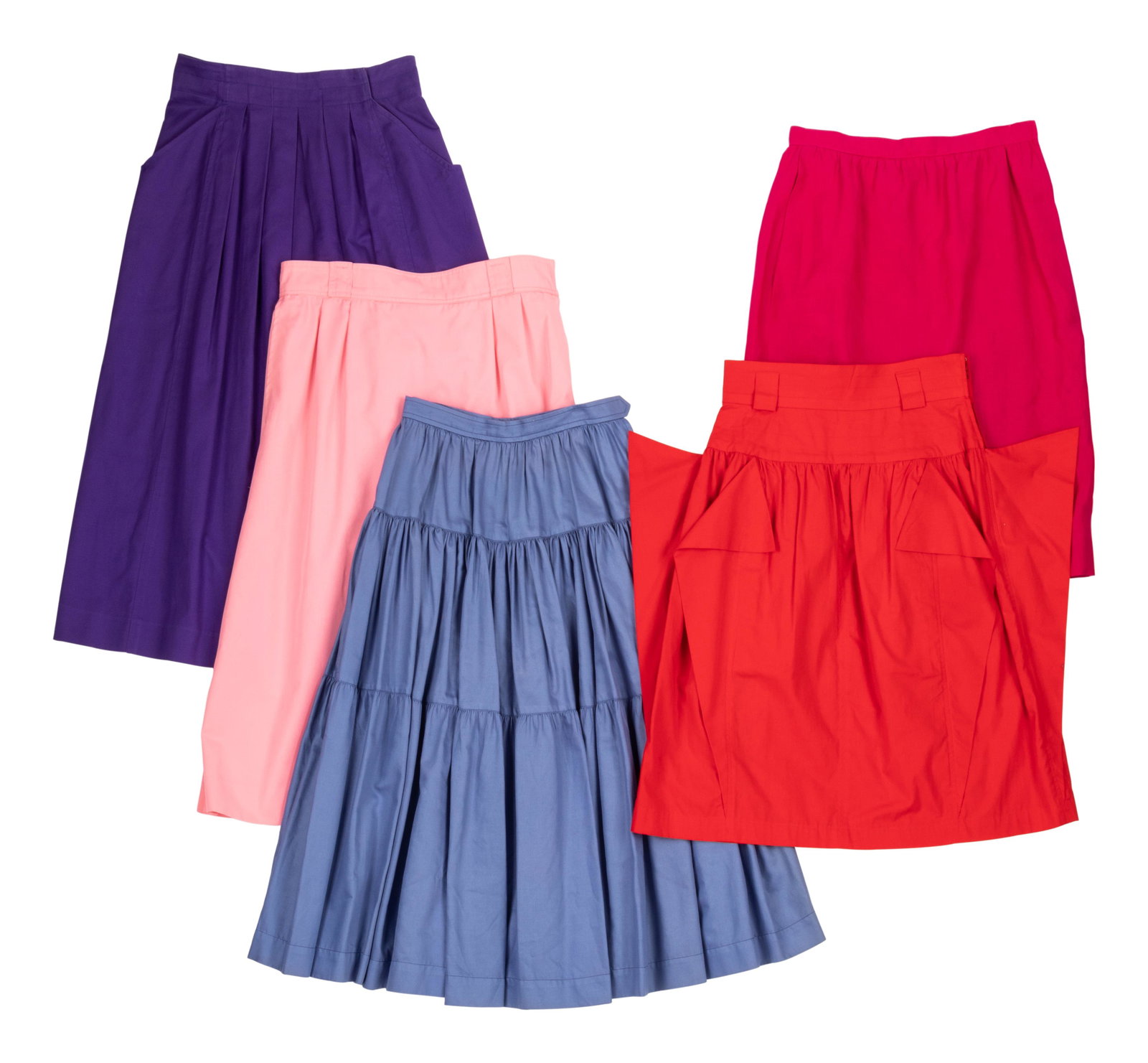 Five Vintage Designer Skirts, 1970-80s: Five Vintage Designer Skirts, 1970-80s This lot includes five designer skirts.† THE FIRST Pink polyester/cotton blend pleated A-line skirt.† Label: Courreges Paris Size Label: A Serial/Sty