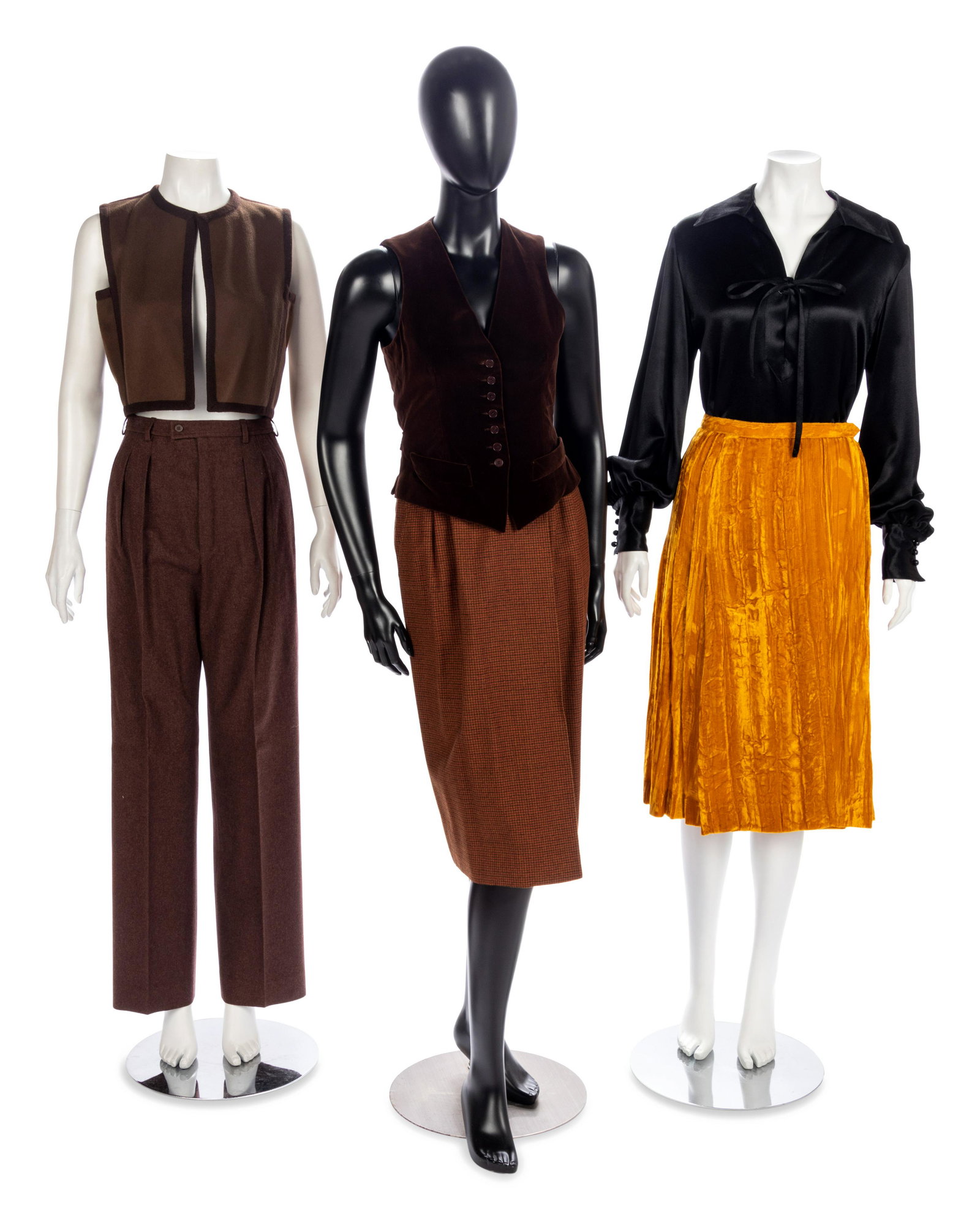 Collection of Eight Vintage Yves Saint Laurent: Collection of Eight Vintage Yves Saint Laurent Separates, 1970-90s This lot includes eight separates.† THE FIRST Gray/brown wool cropped vest with dark brown braided trim. Label: Saint Laurent /