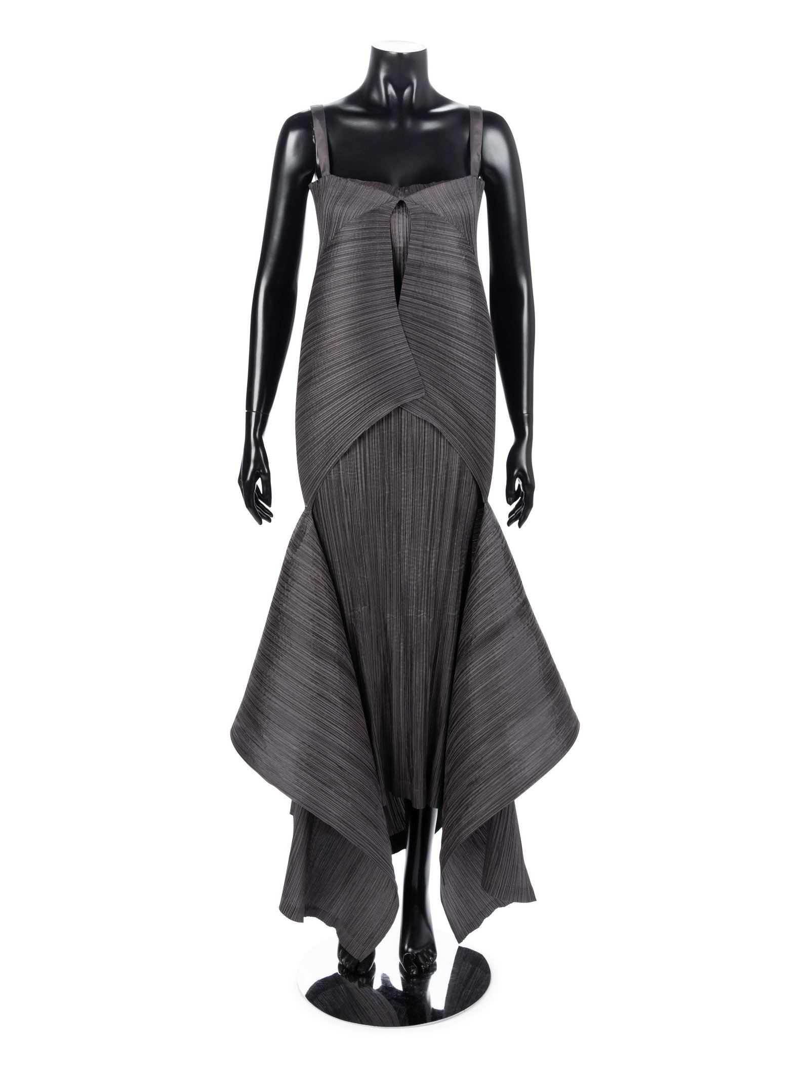 Issey Miyake Moonlight Transformable Pleated Dress,: Issey Miyake Moonlight Transformable Pleated Dress, 1990† Gray polyester pleated dress with satin ribbon shoulder straps, wrap around ties, and uneven hem line.† Label: Issey Miyake Size L