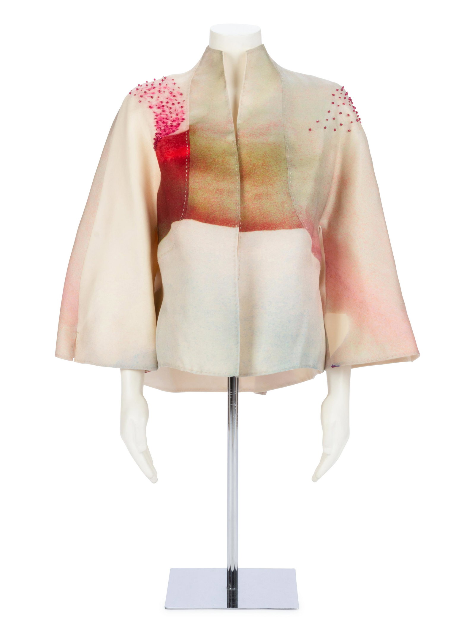 Chado Ralph Rucci Printed White Silk Jacket, 1990-2000s: Chado Ralph Rucci Printed White Silk Jacket, 1990-2000s White silk swing jacket with red, blue, and green digital abstract print and red beading detail, built-up collar, and stylized raglan sleeve.
