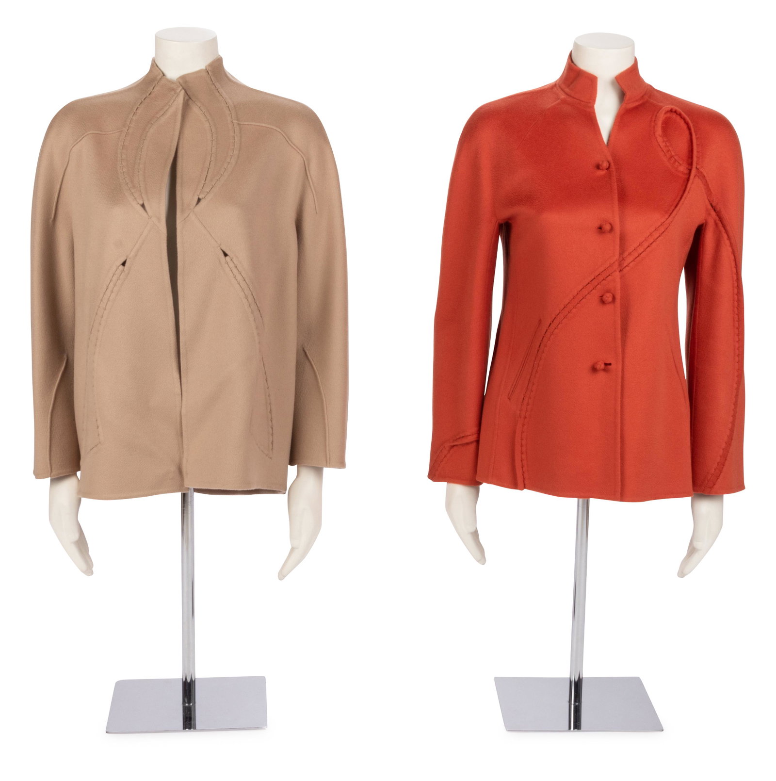 Two Chado Ralph Rucci Jackets, 1990-2000s: Two Chado Ralph Rucci Jackets, 1990-2000s This lot includes two jackets.† THE FIRST Beige cashmere swing jacket with pieced inserts, funnel collar, and built-in sleeves.† Label: Ralph Rucc