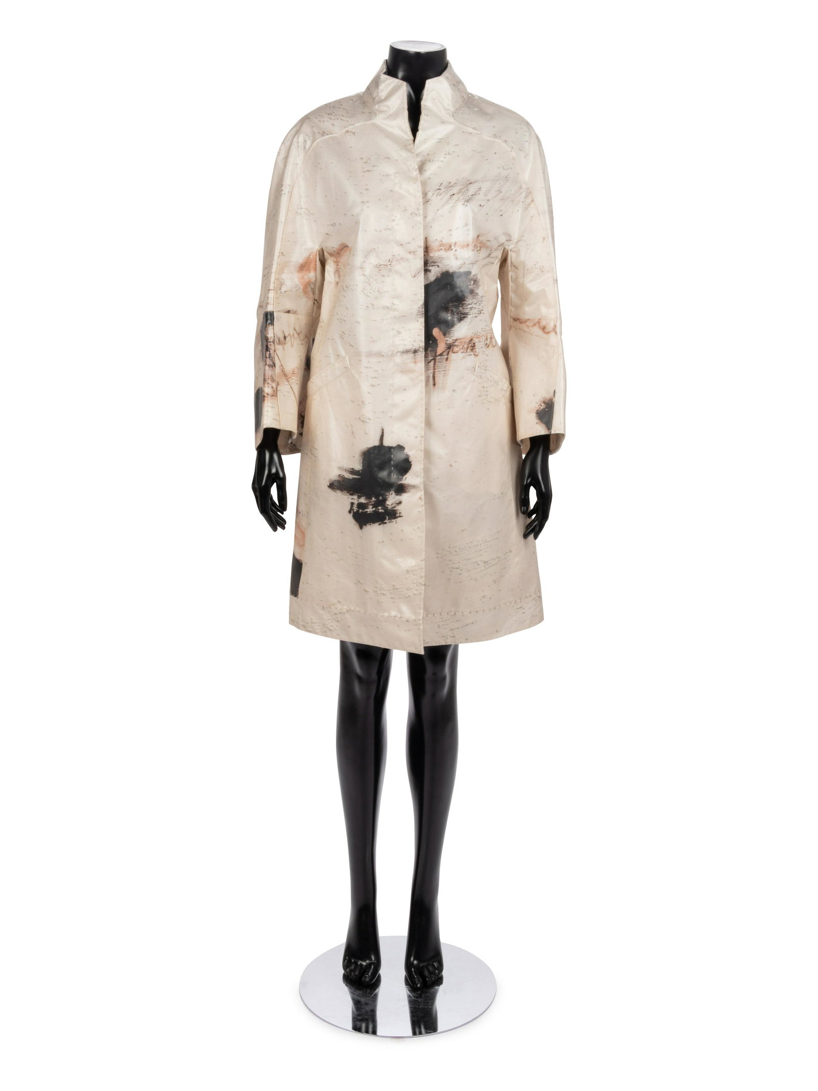 Chado Ralph Rucci White Coat with Black 'Grafitti",: Chado Ralph Rucci White Coat with Black 'Grafitti", 1990-2000s White plastic coat with digital† graffiti print, stand collar, flared bell sleeves, front hip welt pockets, and hidden front button