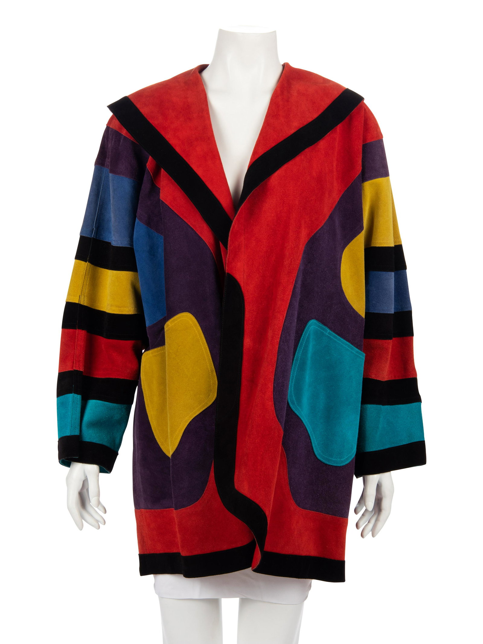 Three Jean Muir Color Blocked Suede Jackets, 1970-80s: Three Jean Muir Color Blocked Suede Jackets, 1970-80s This lot includes three jackets.† THE FIRST Red, yellow, purple and blue suede jacket trimmed in black suede, reversed Peter Pan collar, and