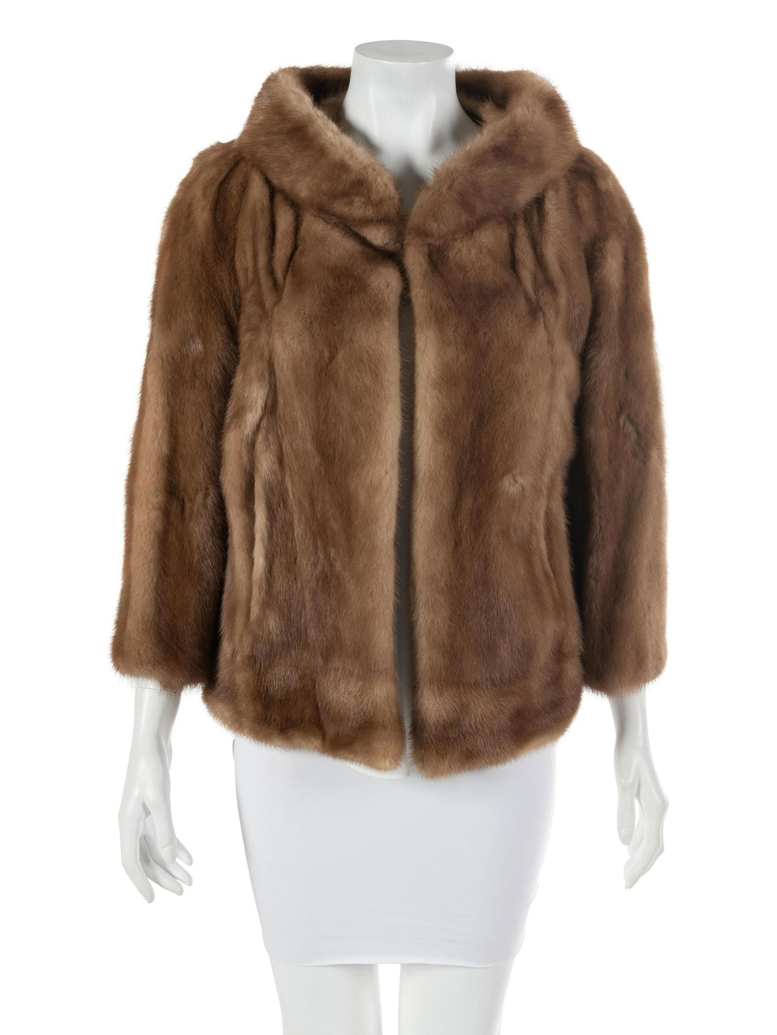 Emba Natural Brown Mink Coat, 1960-80s: Emba Natural Brown Mink Coat, 1960-80s Light brown mink coat with wide stand collar, 3/4 length sleeves, slip pockets over each hip and a single button at the neckline.† Label: Emba Pastel†