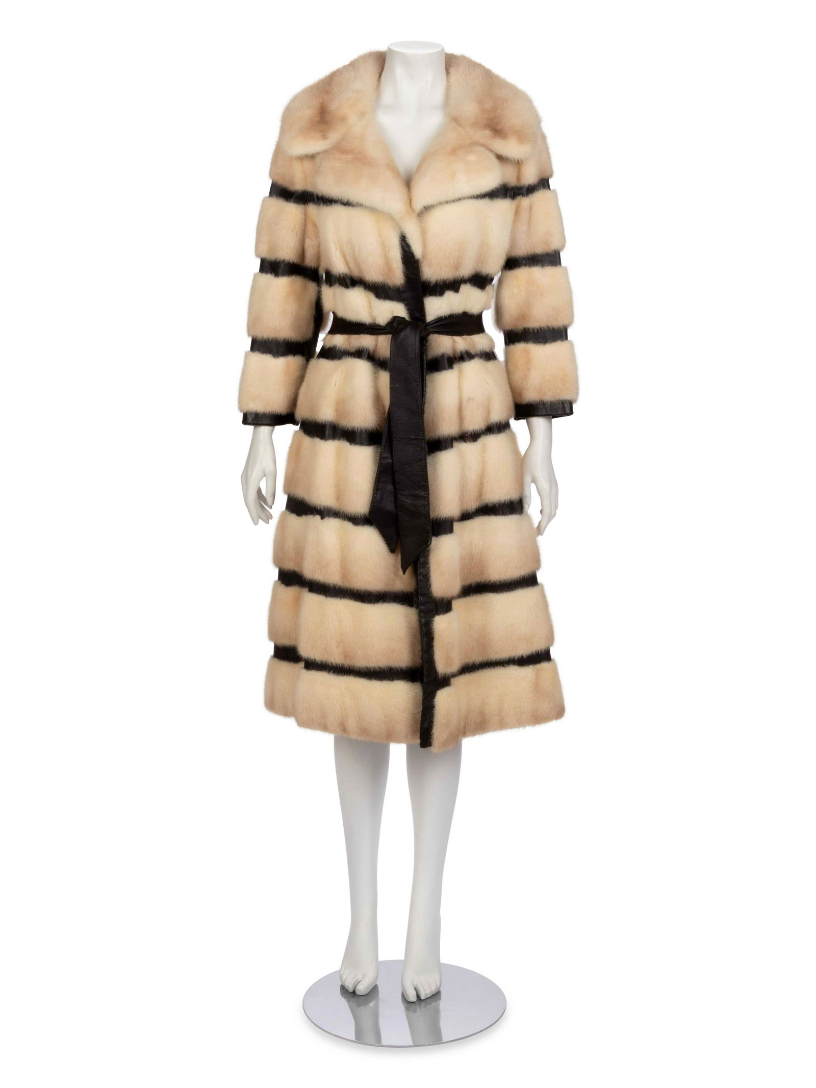 White Mink Fur and Dark Brown Leather Coat w/ Belt,: White Mink Fur and Dark Brown Leather Coat w/ Belt, 1970-80s Off-white mink fur and dark brown leather coat with notched lapel, tie belt,† and front hook and eye and snap closure. "Marilyn D. Ro