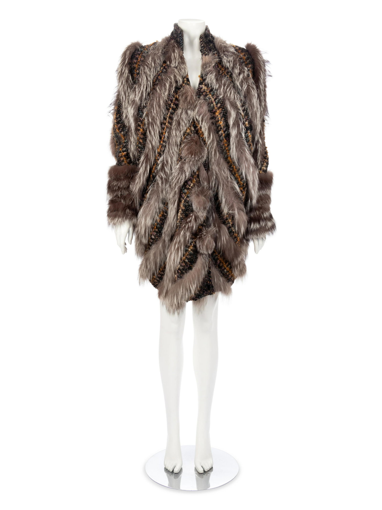 Hattie Vintage Fur Coat, 1980s: Hattie Vintage Fur Coat, 1980s Black with yellow, purple, and blue wool woven jacket trimmed with gray fur, and hook and eye front closure.†† Label: Hattie Size Label: S Approximate Measur