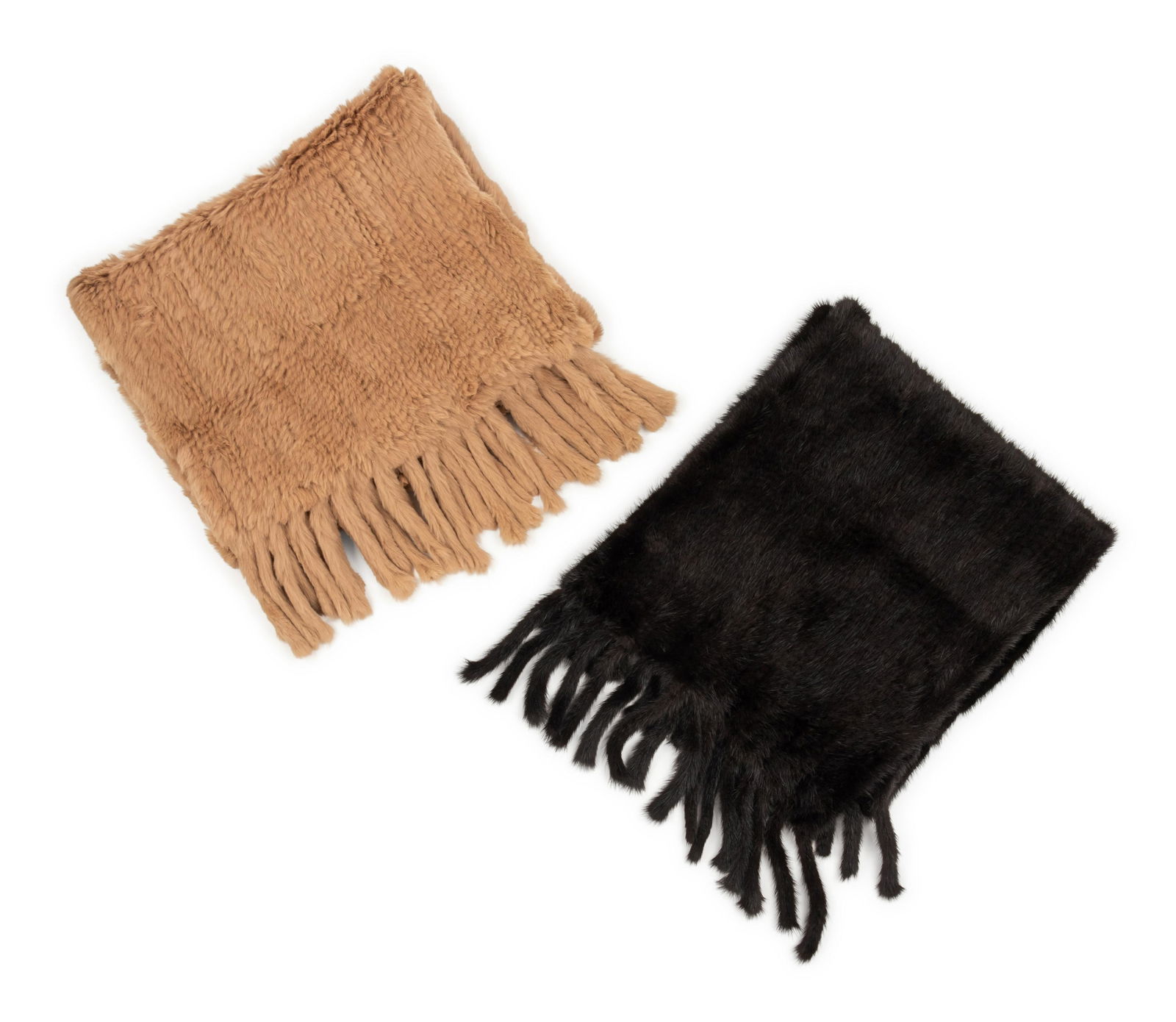 Two Fur Shawls; One Black Mink, One Brown Rabbit,: Two Fur Shawls; One Black Mink, One Brown Rabbit, 2000-2010s This lot includes two scarves.† THE FIRST Black mink fur woven shawl with fringe on each end.† Label: Dena Approximate Measurem