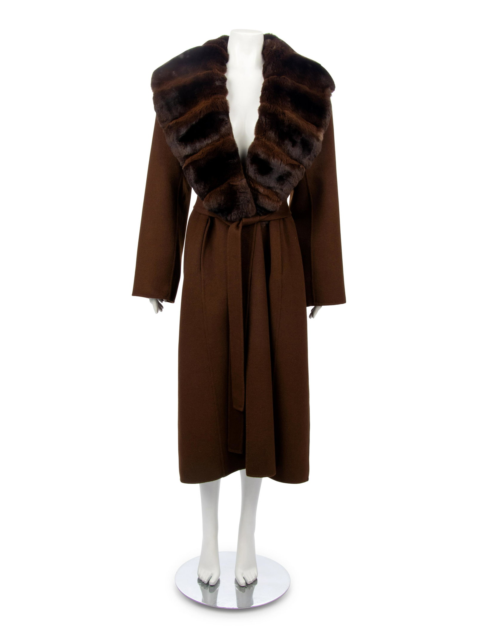 Gianfranco Ferre Chocolate Brown Coat with Chinchilla: Gianfranco Ferre Chocolate Brown Coat with Chinchilla Colla, 1990-2000s Dark brown wool blend coat with chocolate brown chinchilla trimmed lapel and tie belt.† Label: Gianfranco Ferre Size Label
