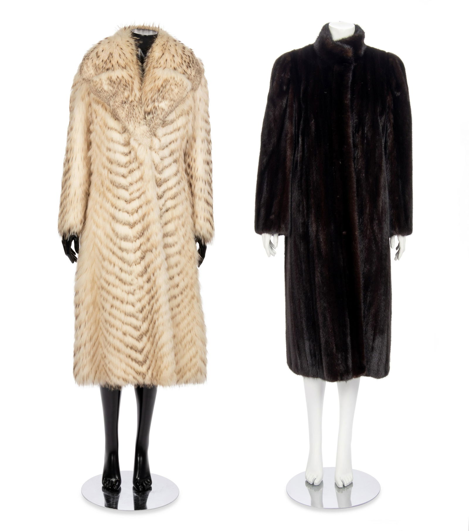 Two Fur Coats; One Badger, One Mink, 1980-2000s: Two Fur Coats; One Badger, One Mink, 1980-2000s This lot includes two fur coats.† THE FIRST White and brown badger fur coat with exaggerated point single notch collar, straight fit sleeves, fron