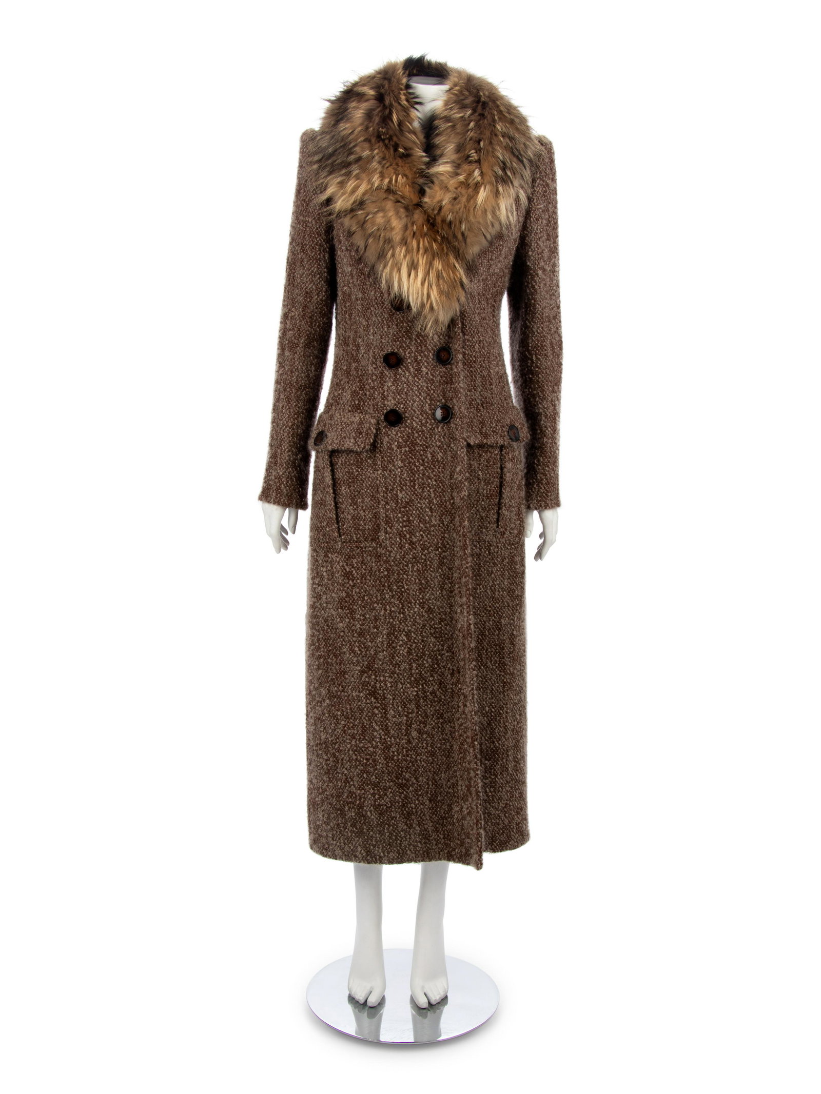 Valentino Fur Collar Brown Coat, 1990-2000s: Valentino Fur Collar Brown Coat, 1990-2000s Brown and tan wool/mohair blend glen plaid boucle double breast coat trimmed in tan and black fur.† Label: Valentino / Boutique Serial/Style No.: 66 8