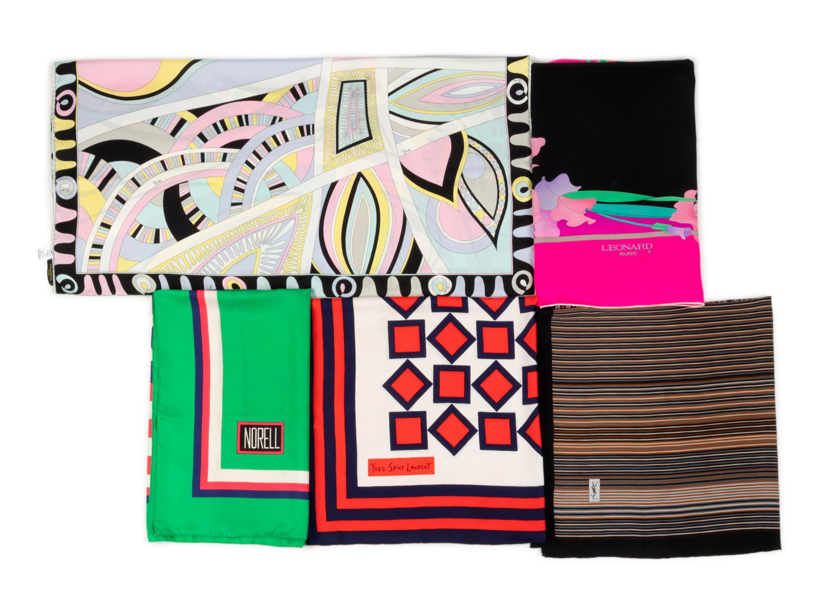 Collection of Nine Designer Scarves, 1980-1990s: Collection of Nine Designer Scarves, 1980-1990s This lot includes nine scarves.† THE FIRST Pale blue, pink, yellow, white and black geometric print silk scarf.† Label: Emilio Pucci Approxi