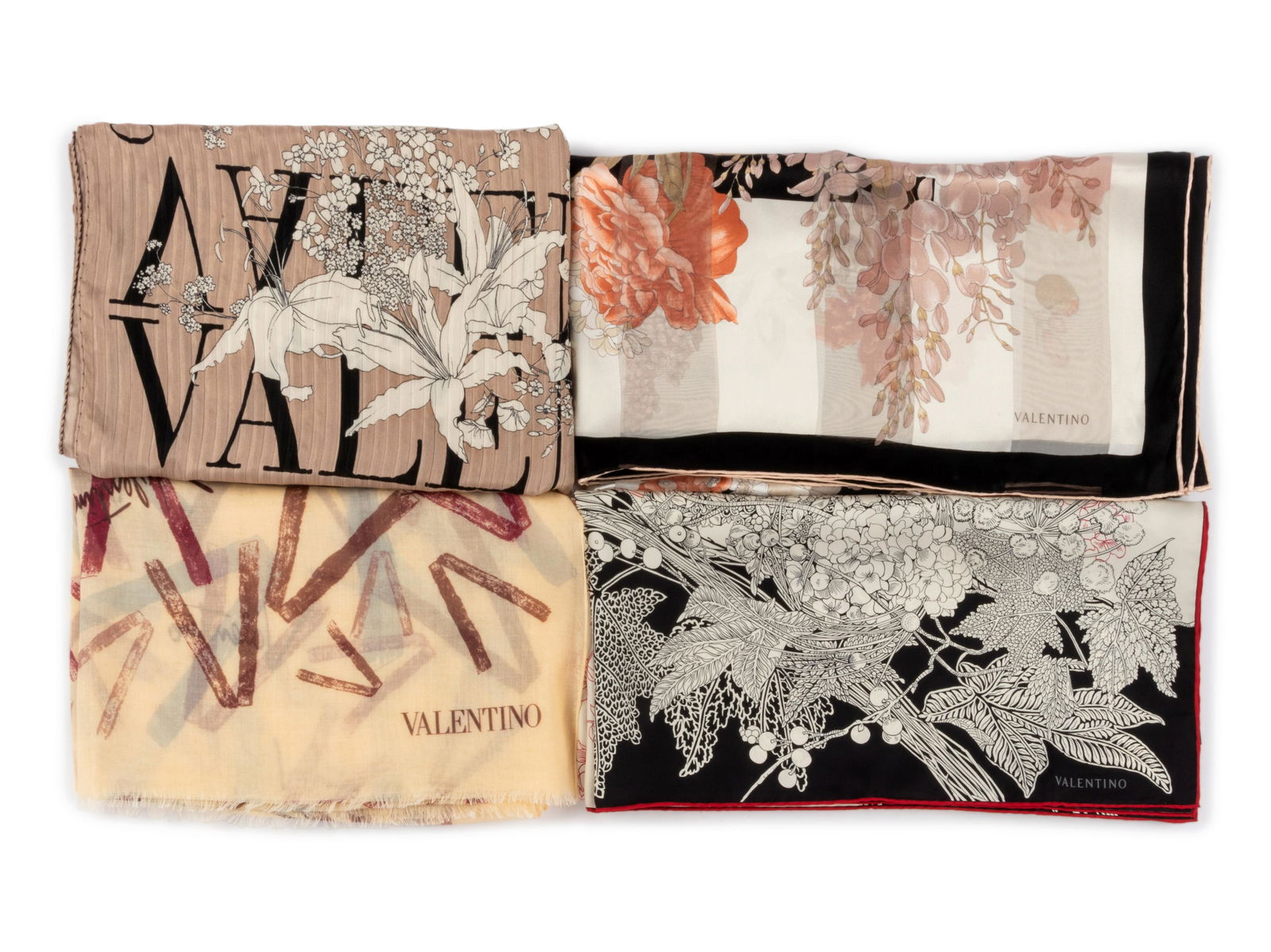 Collection of Eight Scarves; Four Valentino, One: Collection of Eight Scarves; Four Valentino, One Missoni, Three Fendi, 1980-2000s This lot includes eight scarves.† THE FIRST Beige modal blend lawn scarf with red, gray, and brown V and Valenti
