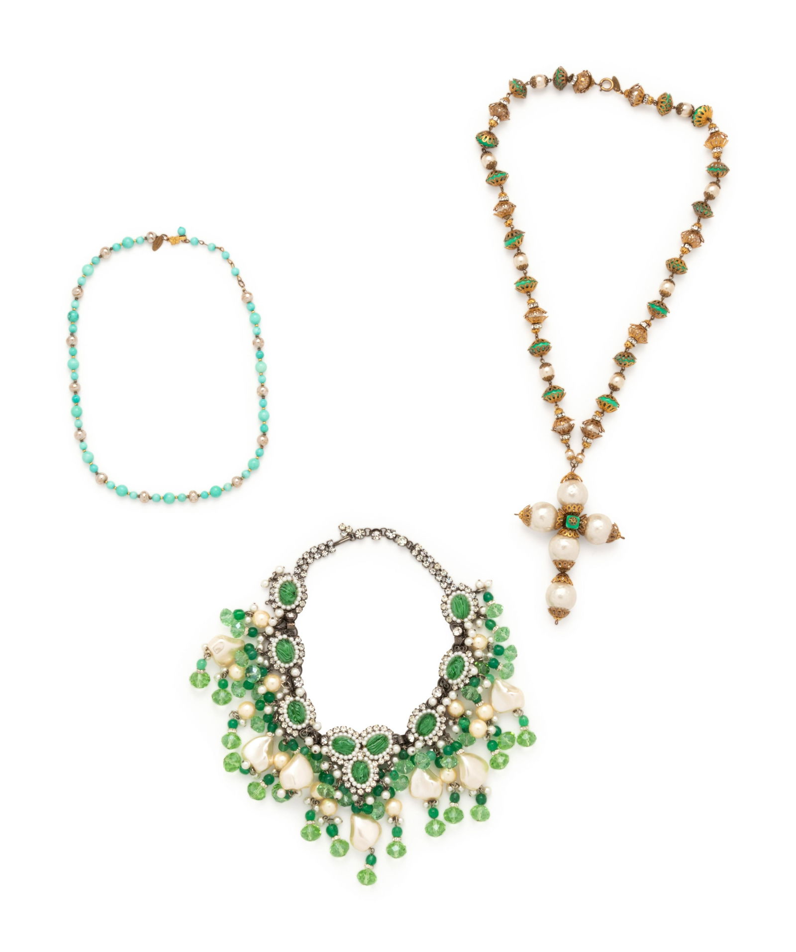 Three Vintage Designer Necklaces: One Vrba & Two Miriam: Three Vintage Designer Necklaces: One Vrba & Two Miriam Haskell, 1970-90s This lot includes three necklaces.† THE FIRST Green cluster necklace set with faux pearls, faceted beads, glass stones,
