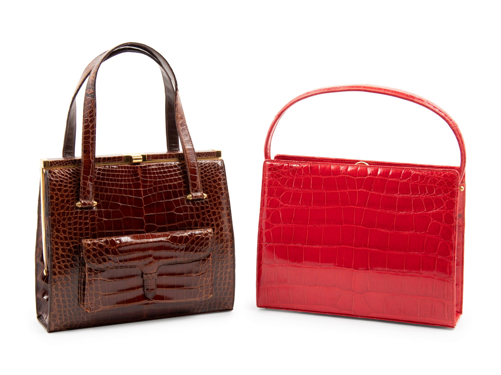 Two Lucille de Paris Alligator Handbags, 1960-80s: Two Lucille de Paris Alligator Handbags, 1960-80s This lot includes two bags.† †† THE FIRST Brown alligator frame handbag with front flap pocket, gold-tone hardware, and lined in tan
