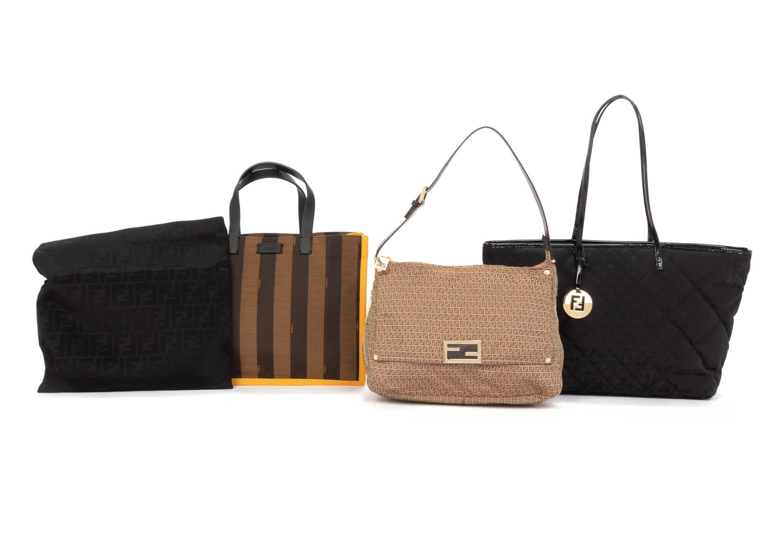Four Fendi Bags, 1990-2010s: Four Fendi Bags, 1990-2010s This lot includes four bags.† THE FIRST Black FF logo fabric square zip bag with orange satin interior. Comes with a dust bag.† Label: Fendi Serial/Style No.: 8