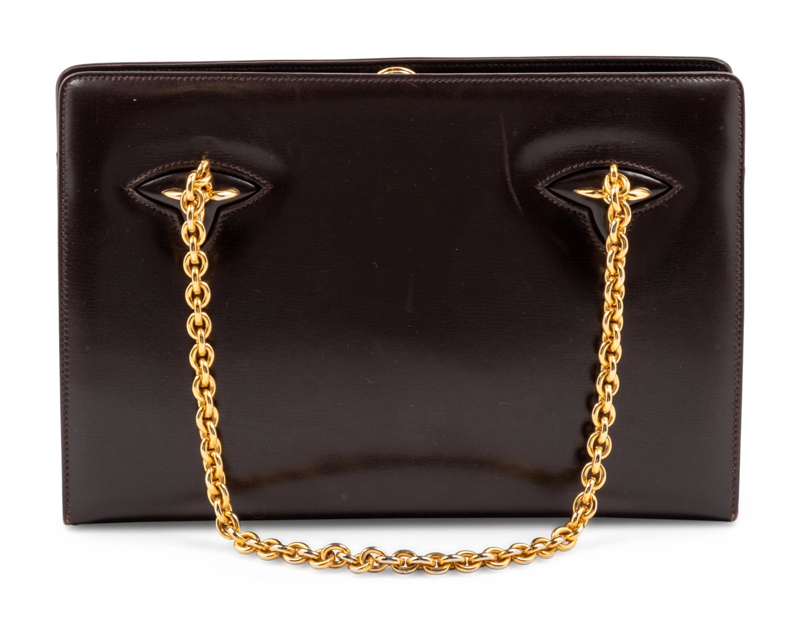 Gucci Brown Leather Shoulder Frame Bag, 1970-80s: Gucci Brown Leather Shoulder Frame Bag, 1970-80s Chocolate brown calf leather shoulder frame bag with gold-tone chain strap and hardware, lined in tan suede, interior slide and zipper pockets.† 